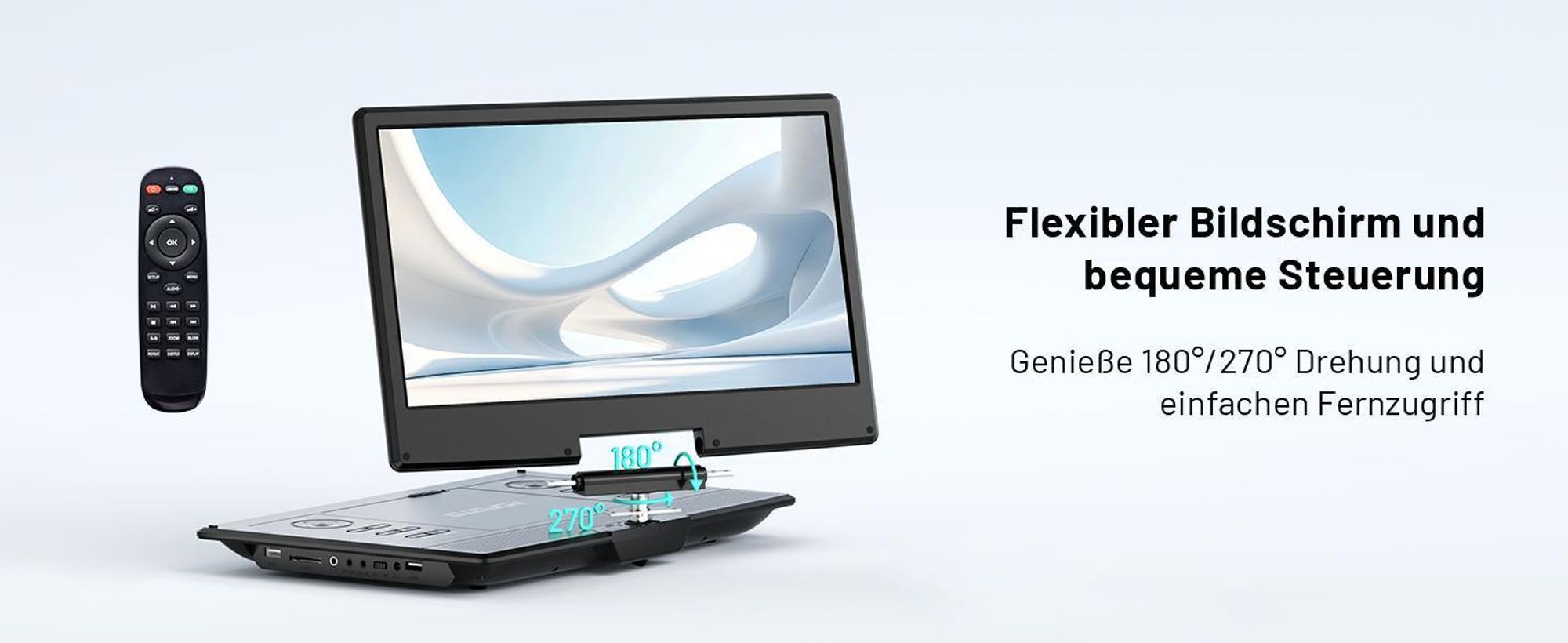 15,7" Tragbarer DVD-Player mit 14,1" HD-Schwenkdisplay, 6h Akkulaufzeit, Zonenfrei, Unterstützt Mehrere Formate/SD/USB, TV/Beamer-Anschluss