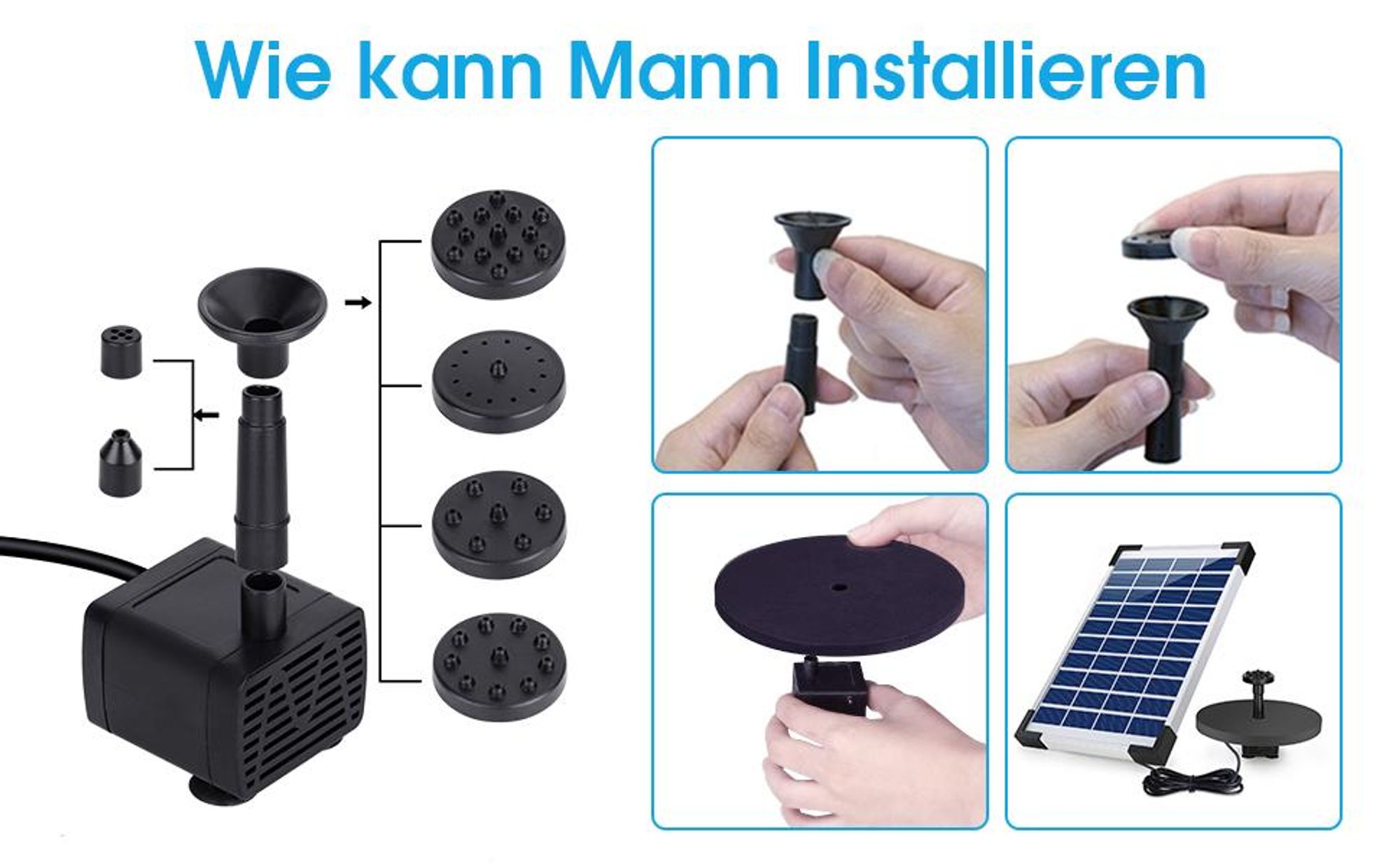Solar Springbrunnen, Gartenbrunnen, Solarbrunnen, Wasserspiel Springbrunnen, 5.5W Solar Pumpe, Teichpumpe, mit 1500mAh Batterie, für Garten, Vogel-Bad
