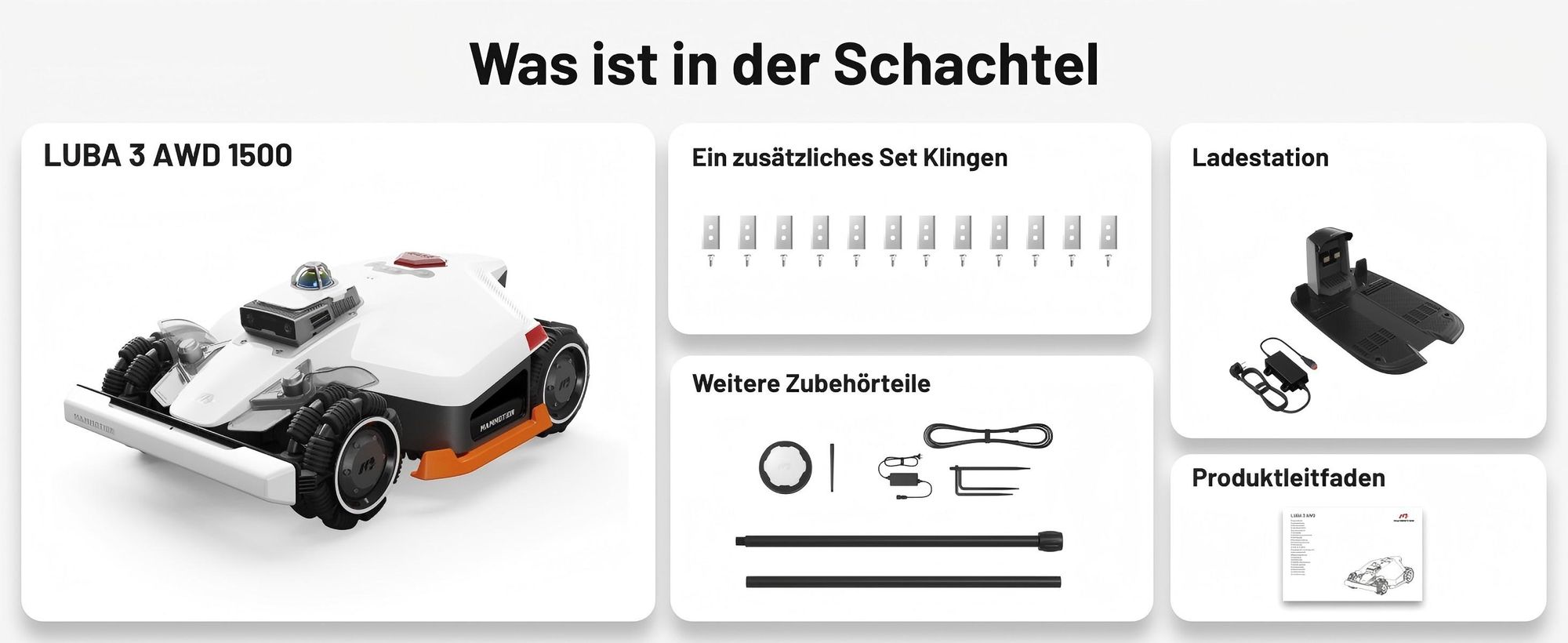 Mähroboter Mammotion LUBA 3 AWD 1500 mit Waschständer, bis 1500 m², Allradantrieb, 80% Steigung, Auto-Kartierung, 4G-Modul, APP