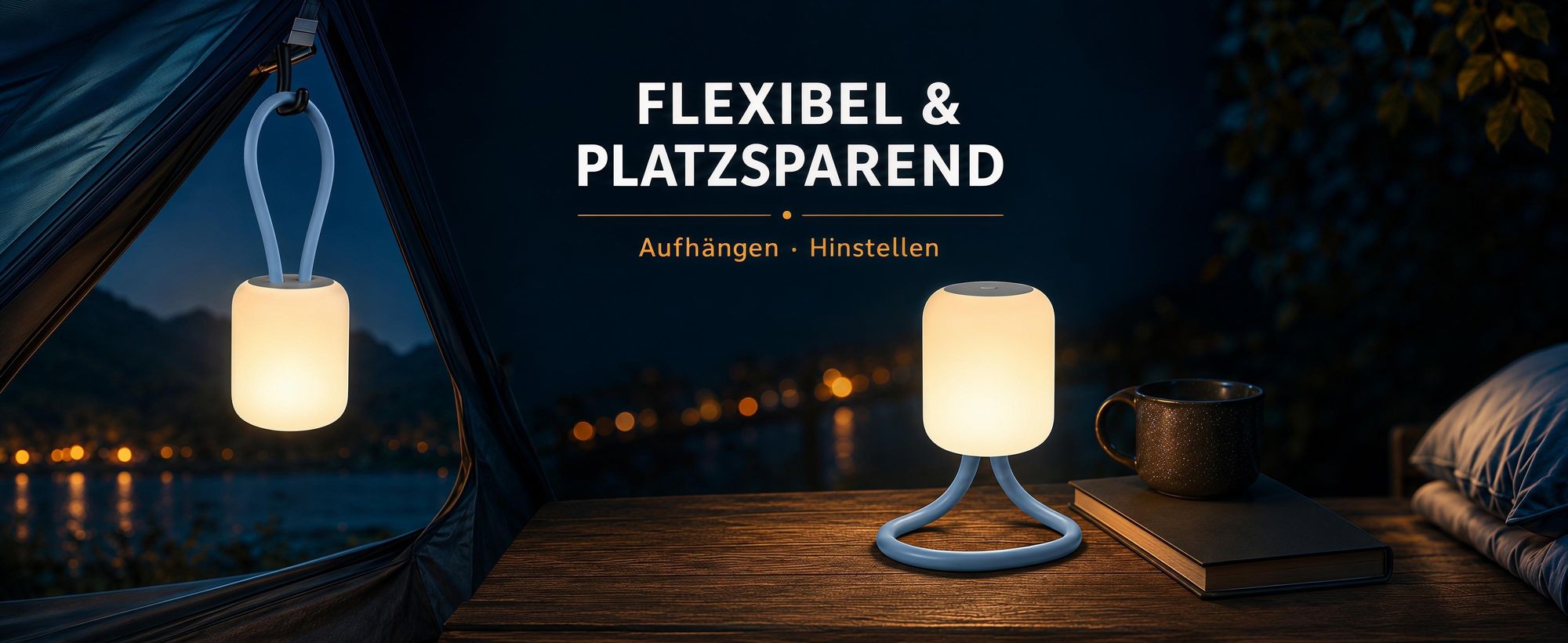LED Campinglampe,USB-Aufladung Nachtlicht,flexible Outdoorlampe zum Aufhängen,Hinstellen und Montieren,dimmbare Handyhalter Campingleuchte,Blau