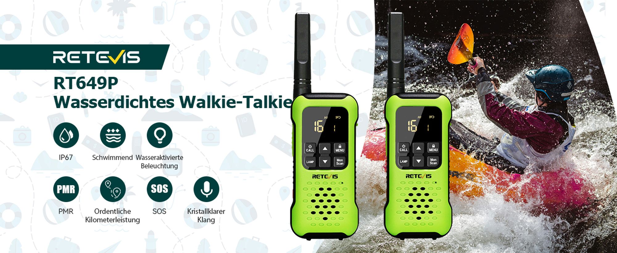 Retevis RT649P Walkie Talkie, Schweben Wasserdichter IP67 Funkgerät, PMR 446 Lizenzfrei, 16 Kanäle,SOS-Alarm,LED-Fackel, Walkie Talkie mit Akku für Erwachsene Skifahren Surfen (2er)