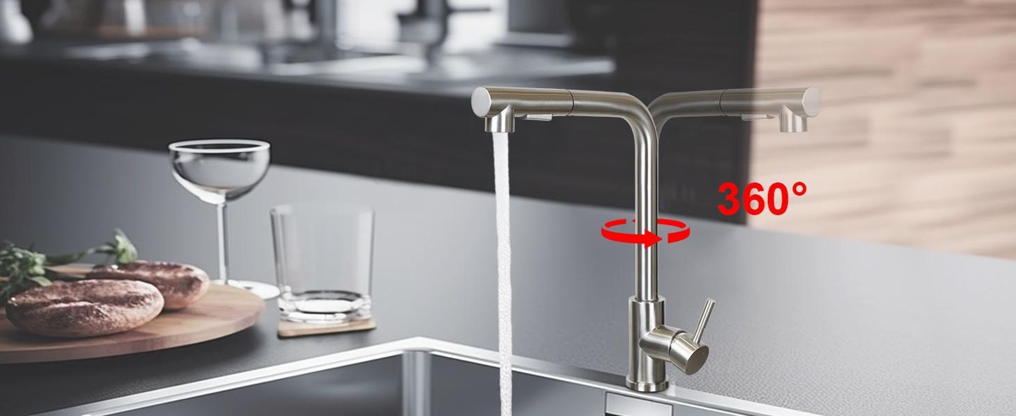 ZMH Rubinetto da cucina estraibile 
Rubinetto in nichel spazzolato con spruzzo Miscelatore per lavello Rubinetto girevole a 360° in acciaio inox con 2 modalità di spruzzo