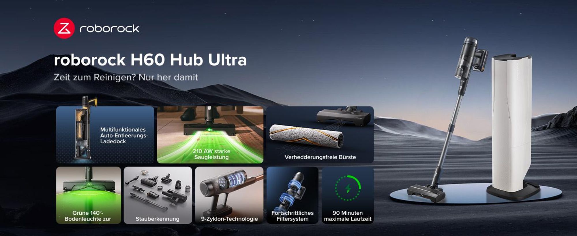 Roborock H60 Hub Ultra Akku Staubsauger mit Absaugstation, 210AW kraftvolle Saugleistung, 90 Min. maximale Laufzeit, Staubsauger kabellos
