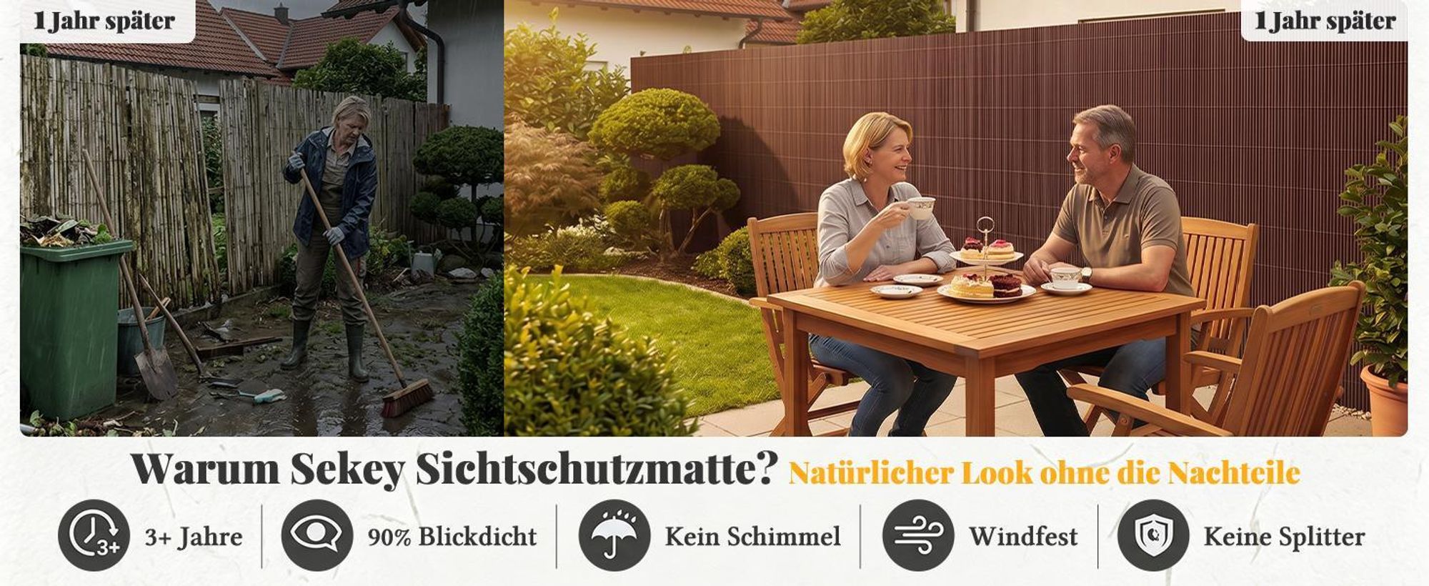 Sekey Balkon Sichtschutz Natürliche Optik Sichtschutzmatte Sichtschutzzaun 90x600cm, Braun