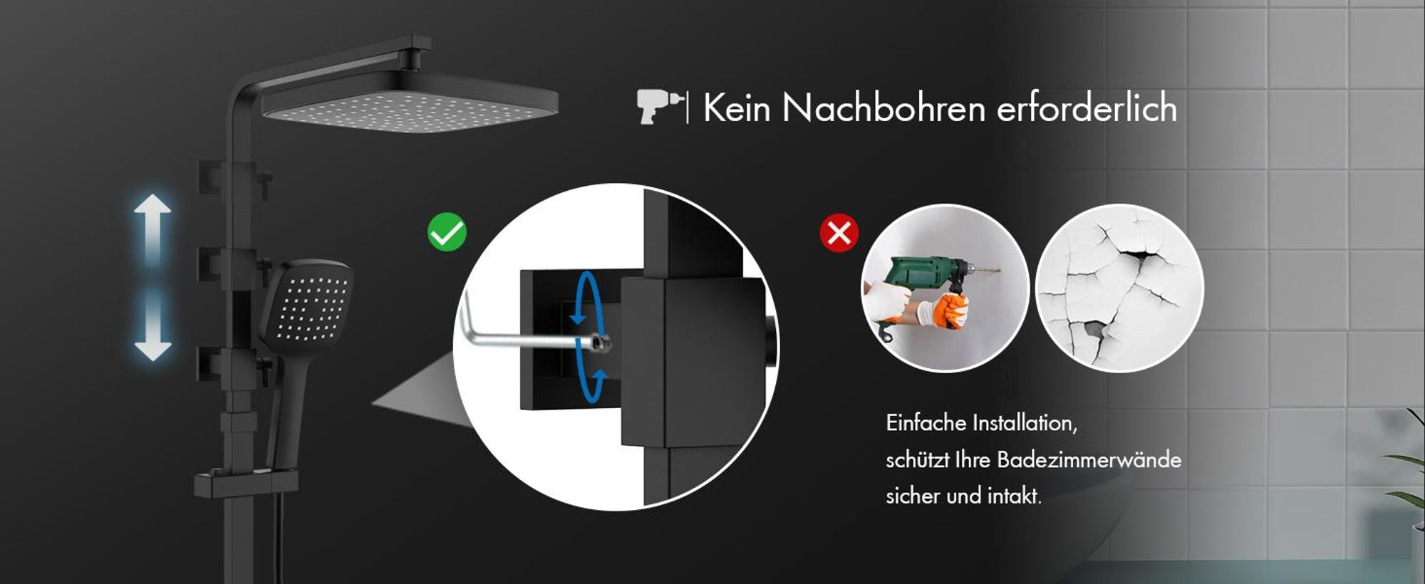 Homelody Duschsystem mit 38 °C Thermostat Edelstahl & Regal, Duscharmatur Set mit Handbrause & Kopfbrause, 3 Strahlarten, Höhenverstellbar, Schwarz