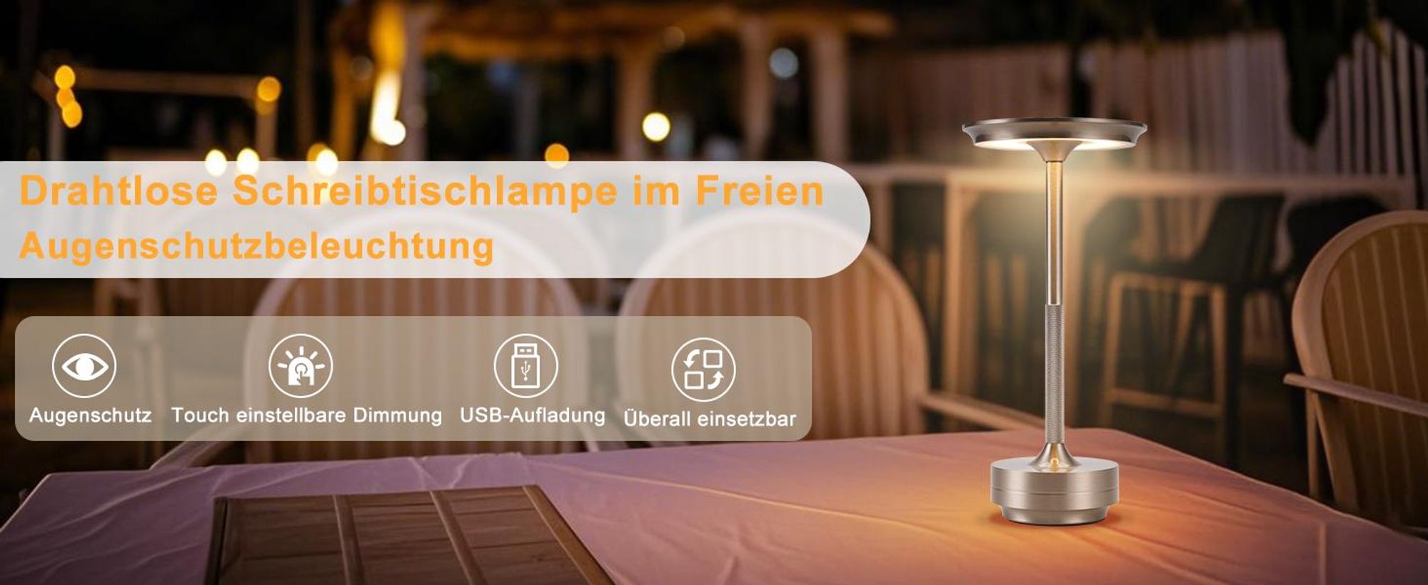 ZMH Nachtlampje, draadloze bureaulamp, oplaadbare LED-tafellamp, touchbediening, dimbaar, lamp met USB-oplaadbare batterij, tafel lampen, nikkel, geschikt voor moderne woonkamers, vensterbanken, kinderkamers en slaapkamers