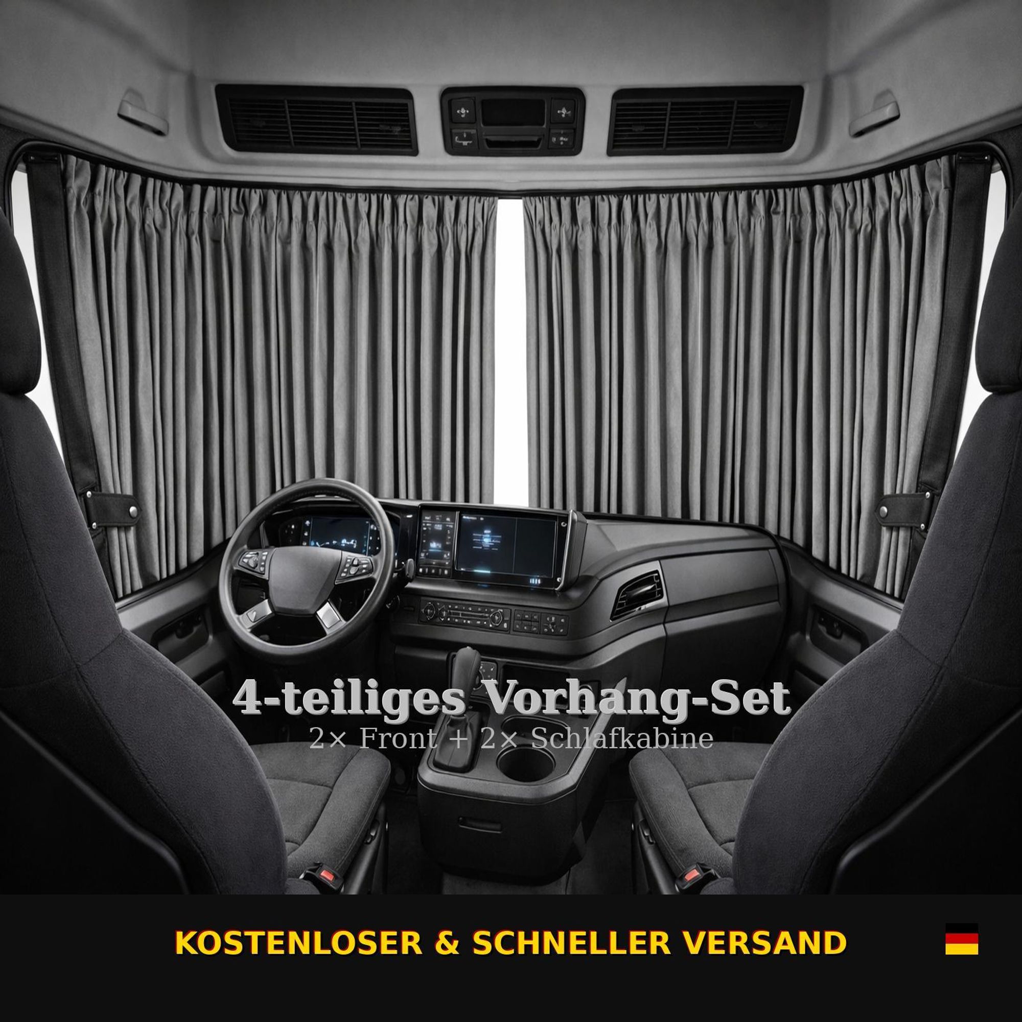 LKW Gardinen für Volvo Vorhänge 4-tlg. für Frontscheibe Schlafkabine Grau Schwarz