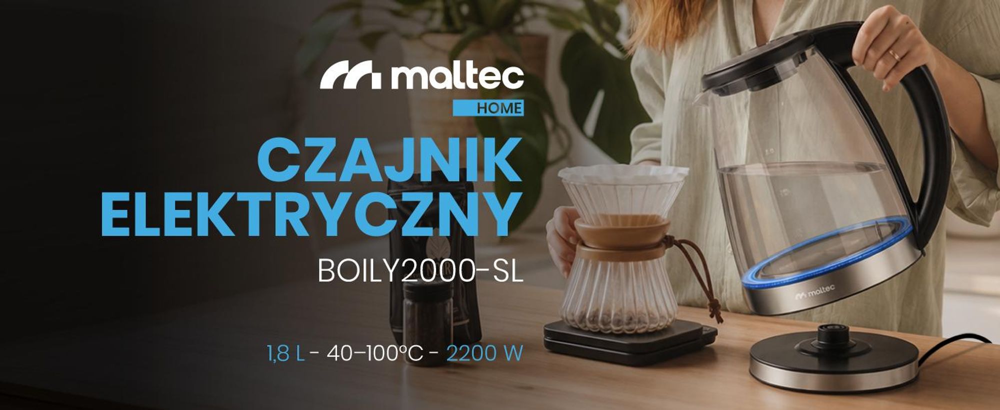 Szklany elektryczny czajnik o pojemności 1800ml i funkcją utrzymywania temperatury o mocy 2200W
