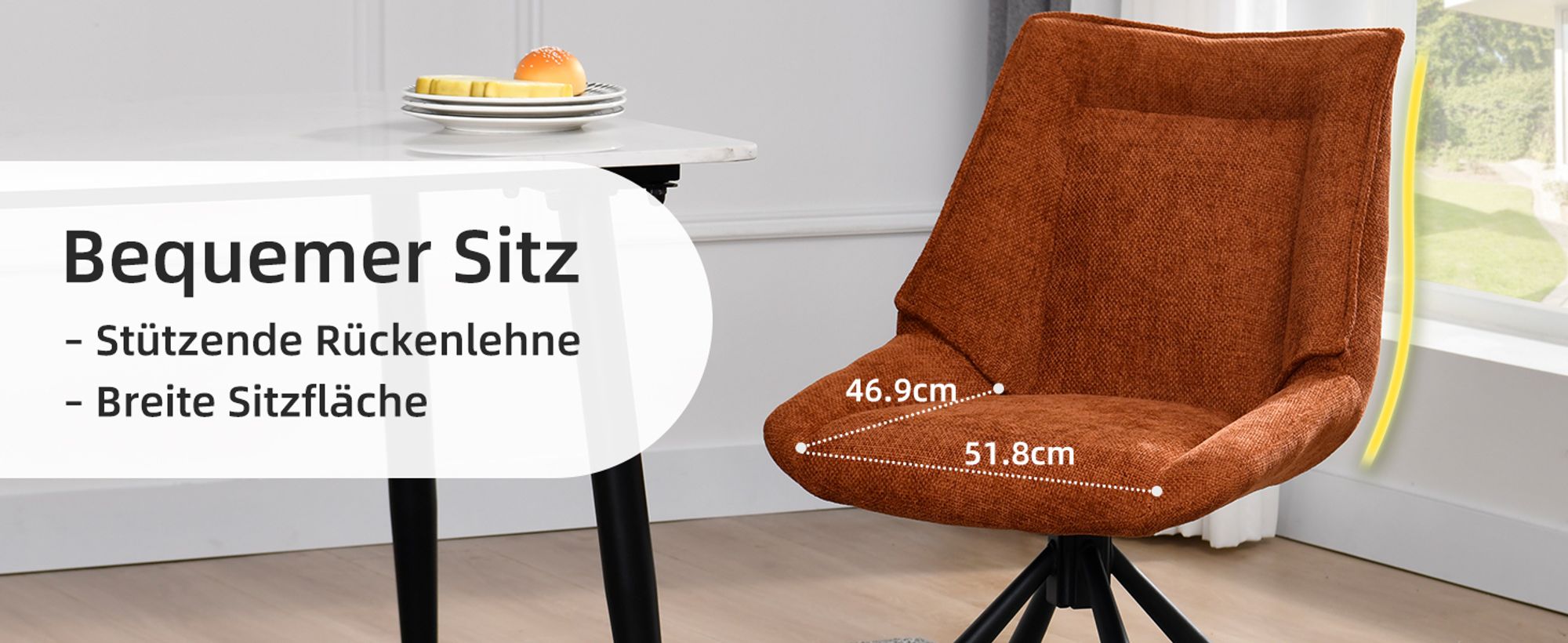 Duhome Esszimmerstuhl Ergonomischer Küchenstuhl 180° drehbar Stuhl aus Chenille Stoff und Metallgestell Loungestuhl mit Rückstellfunktion, Orange