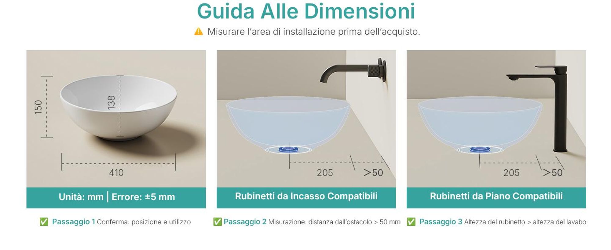 Lavabo da appoggio EMKE rotondo 415x415x155 mm, lavabo in ceramica bianco lucido opaco, senza foro per rubinetto e troppopieno, design ornes per bagni eleganti