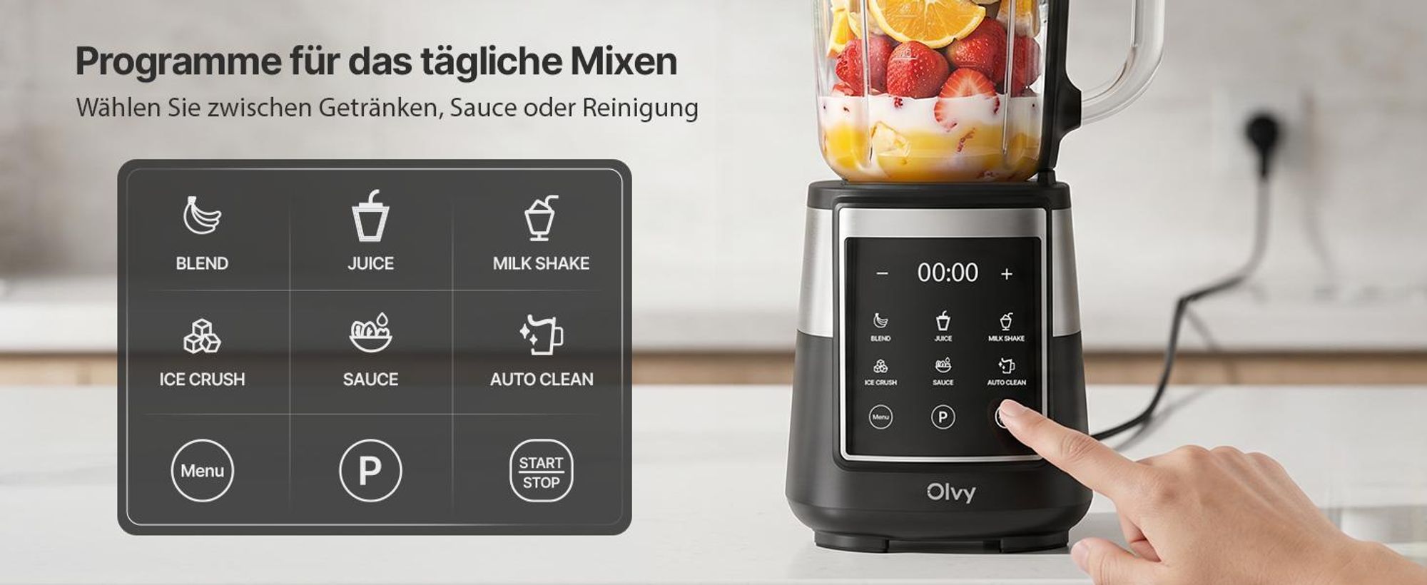Olvy Standmixer, 1,5 L Glasbehälter mit 600ml Tritan-Becher, Touchscreen-Mixer mit Pulse-Funktion & Auto-Clean, Smoothie Maker und Ice Crusher
