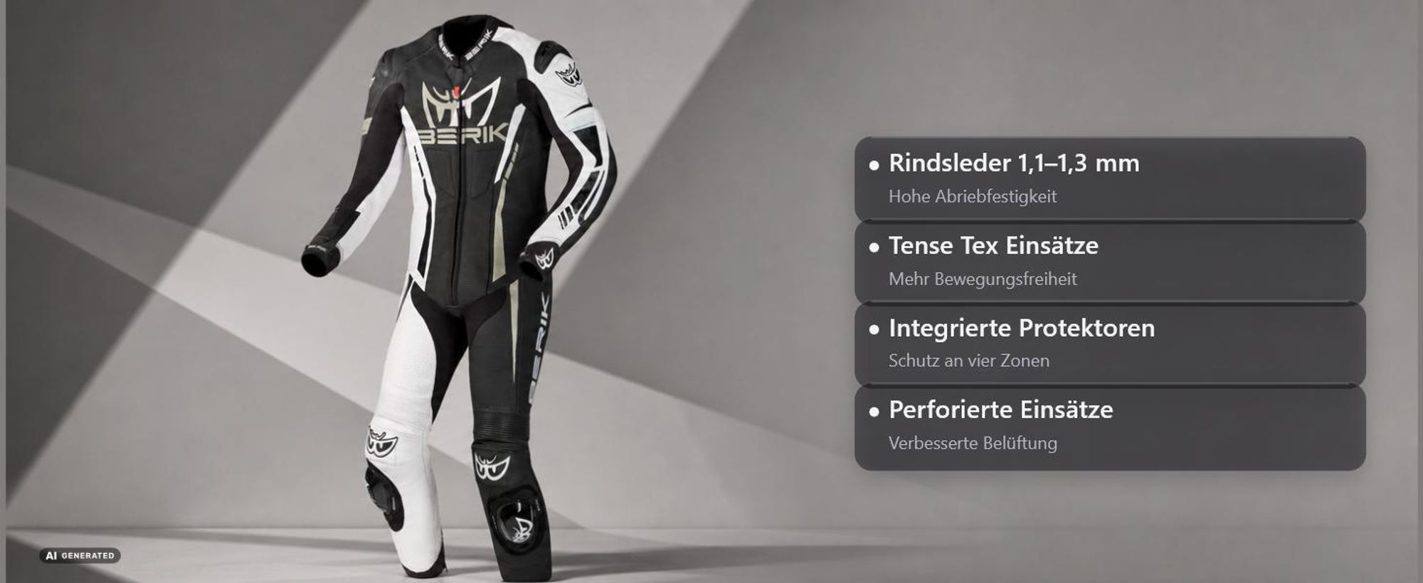 Berik Oshiqo 1-Teiler Motorrad Lederkombi, schwarz/weiß, 56