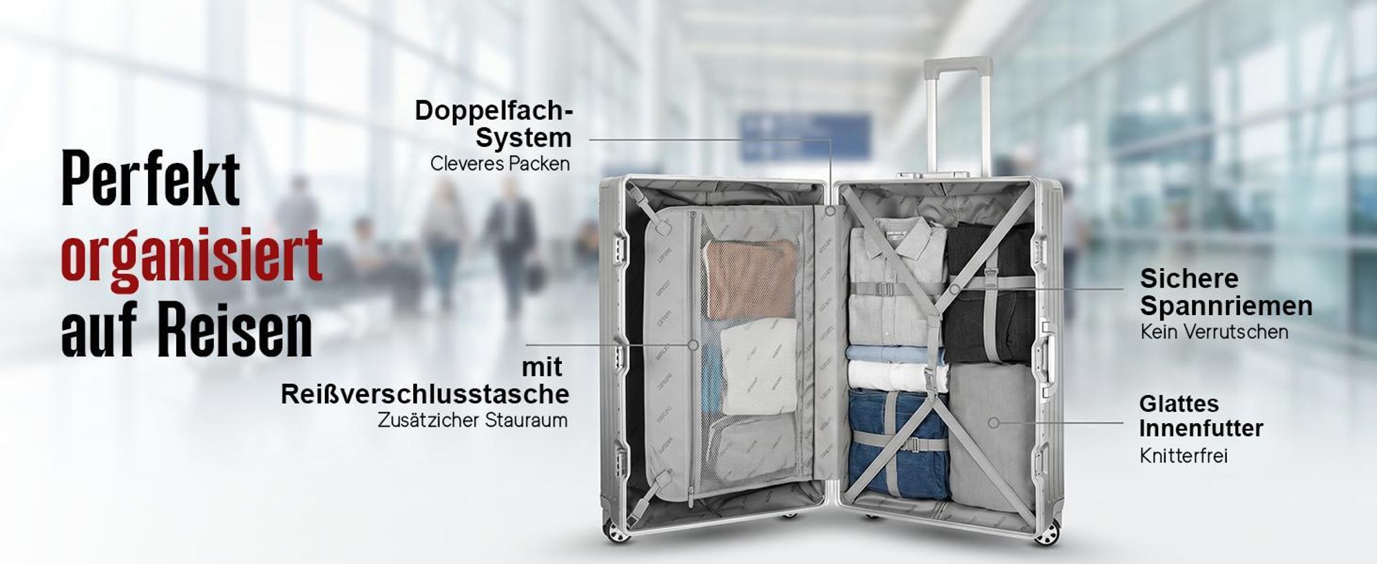 WINLIFE® SPARSET Koffer L+XL – 65cm & 75cm Hartschalenkoffer, ABS, Alu-Rahmen, TSA-Schloss, 4 Rollen, robuster & leichter Reisekoffer Silber