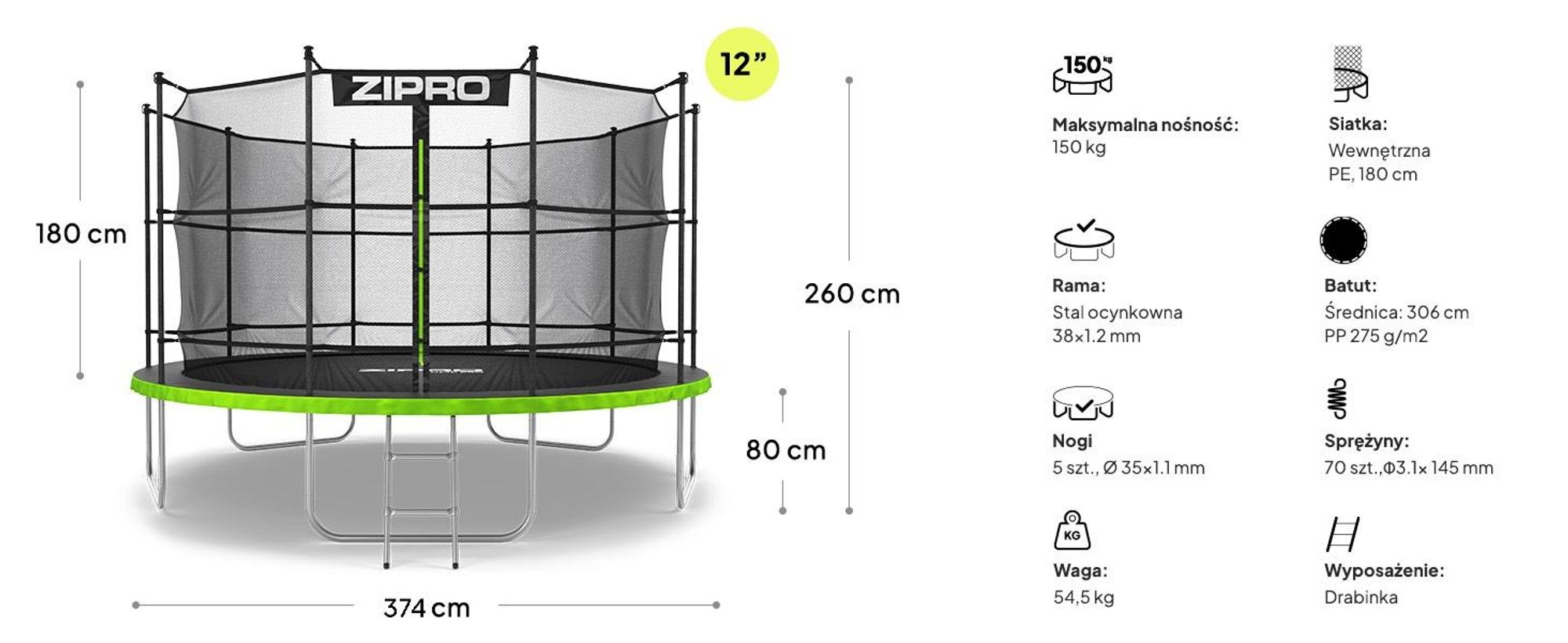 Trampolina ZIPRO Jump Pro IN | 12FT Ø 374 cm | Trampolina ogrodowa dla dzieci Kompletny zestaw zawierający siatkę wewnętrzną, drabinkę i osłonę krawędziową, do użytku na zewnątrz, kolor zielony