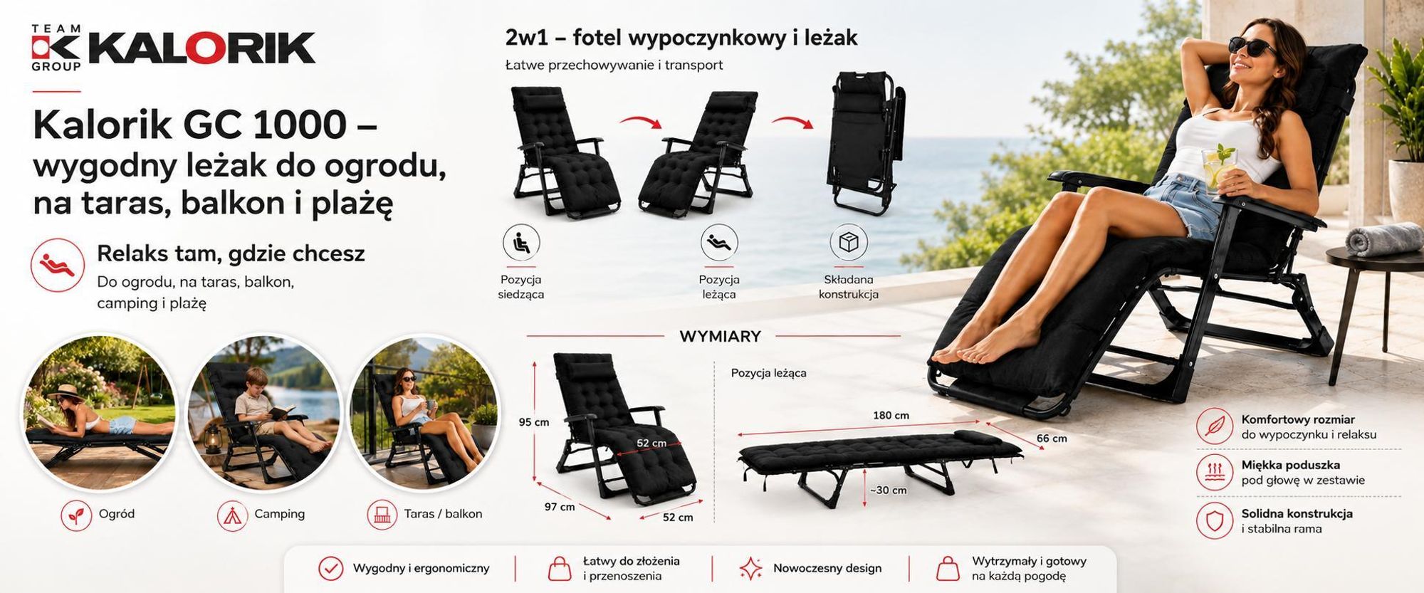 Leżak Ogrodowy Składany Fotel Rozkładany Krzesło Balkonowe 2W1 Z Poduszką