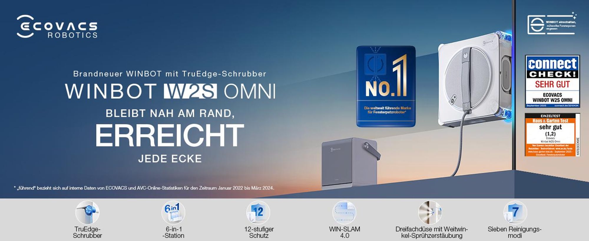 ECOVACS WINBOT W2S Omni Fensterputzroboter mit Multifunktionsstation, intelligenter Bis-an-den-Rand-Reinigung mit TruEdge