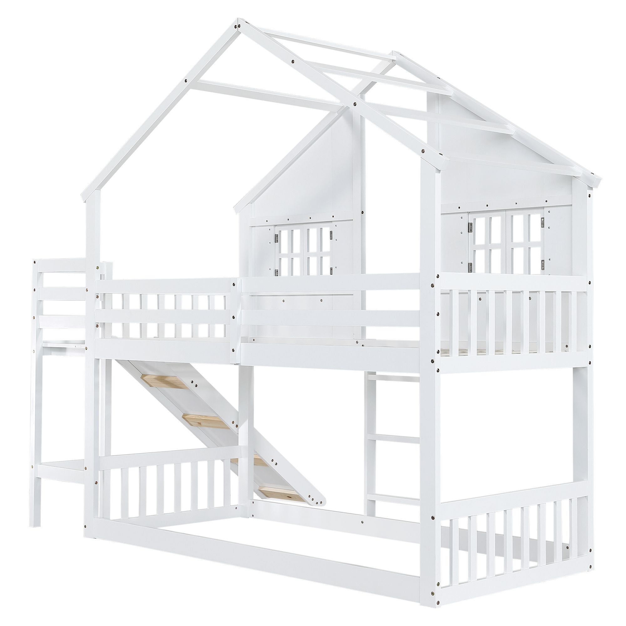 Flieks Etagenbett 90x200cm mit Rutsche, Kinderbett Hausbett mit Fenster und Staufach, Hochbett Stockbett Einzelbett Holzbett mit Lattenrost, Weiß