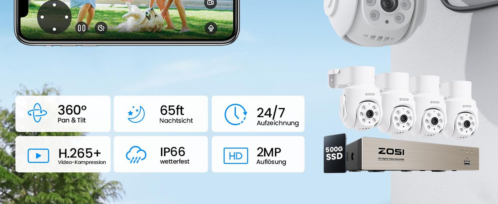 ZOSI 2MP Kabelgebunden Überwachungskamera Set mit Audio, 8CH 500GB DVR und 4X PTZ TVI Aussenkameras, Personen- und Fahrzeugerkennung