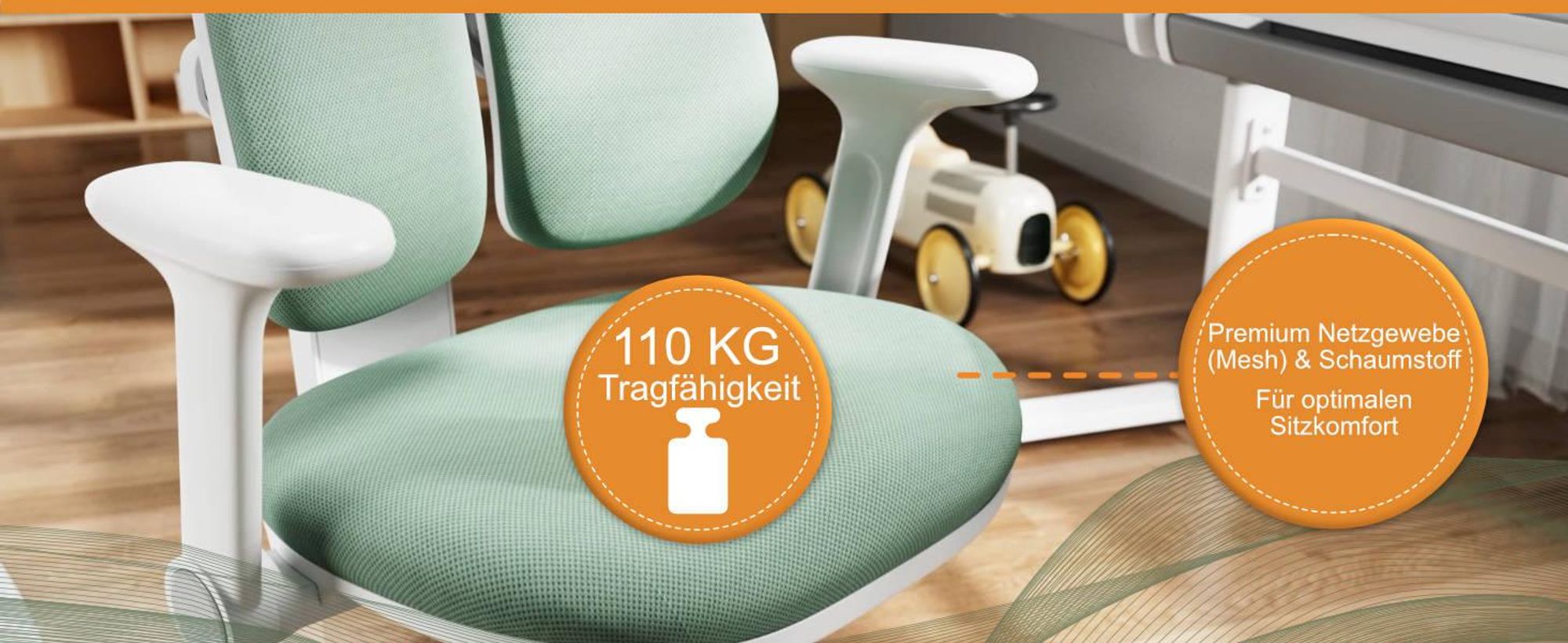 HOKO Kinderstuhl höhenverstellbar, für Kinder ab 6 Jahren, vielseitig verstellbar mit Fußstütze, Schmetterlings-Rückenlehne, Rollen, Grün, ANTON