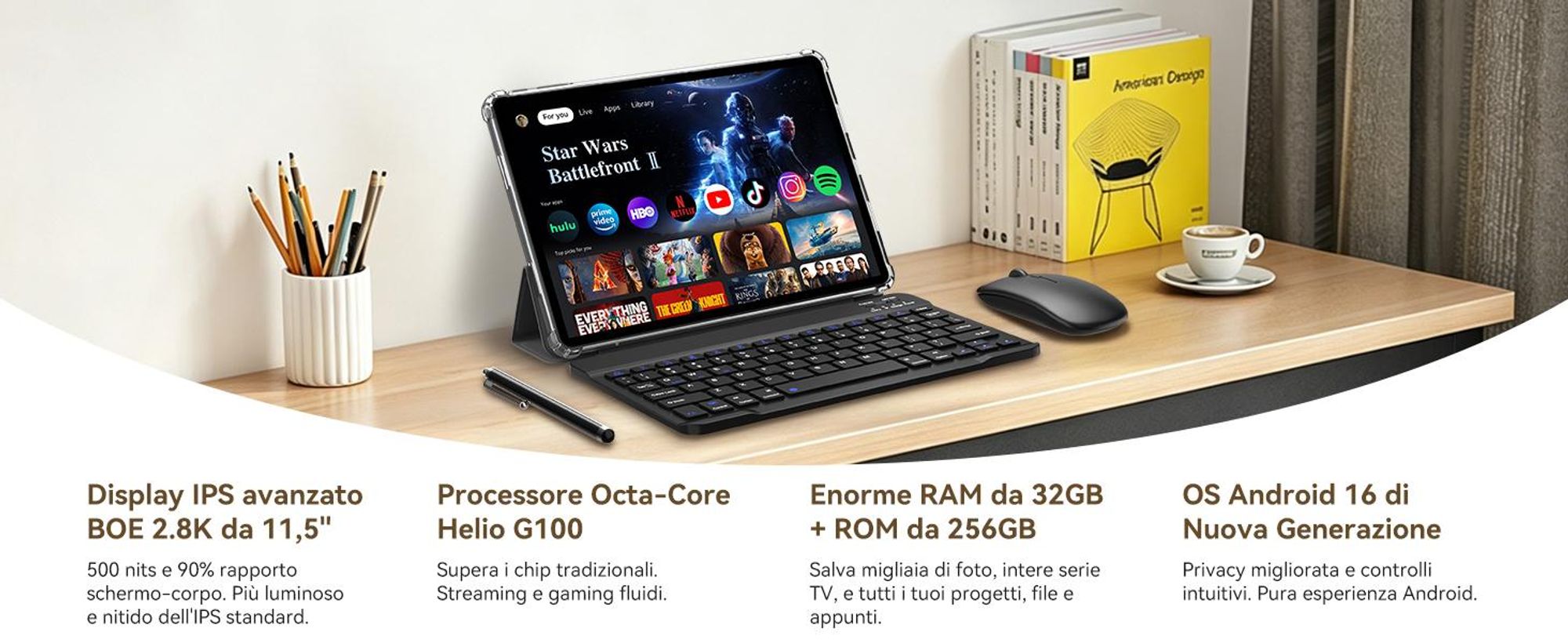 Tablet T12 Pro da 11,5 pollici con display BOE 2.8K, Android 16, processore Helio G100, 32+256GB di memoria, batteria da 8000mAh, dual SIM 4G, riconoscimento facciale, fotocamera da 13MP, con tastiera/mouse/penna/custodia