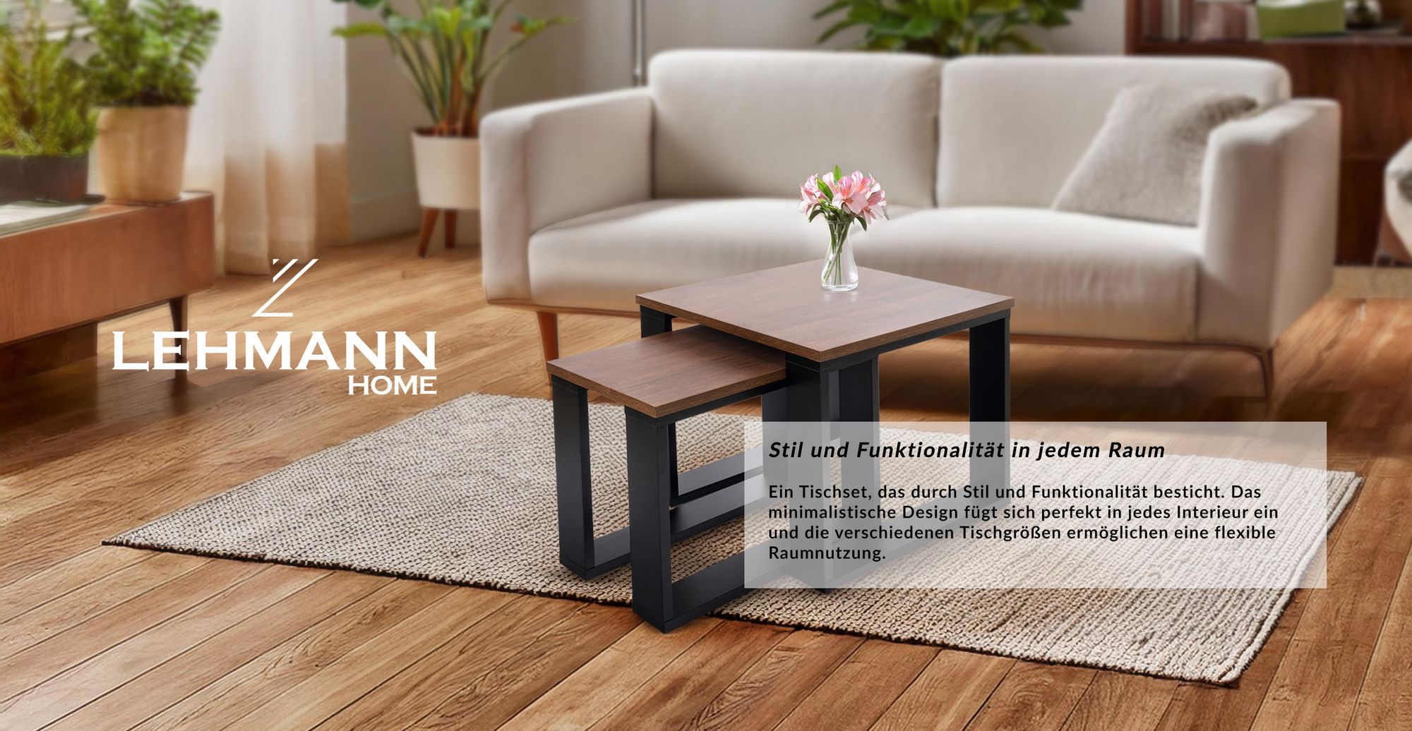 Lehmann Couchtisch 2er Set in 2 Größen für das Wohnzimmer, mit Holzplatte und schwarzem Gestell