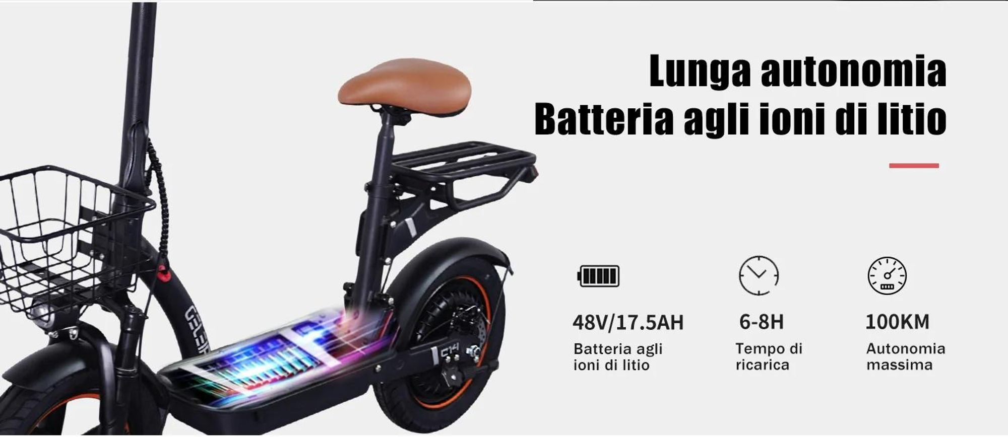 C14 - 48V17.5Ah 14'' Scooter Elettrico con Freno a Disco Meccanico Telaio in Ferro - Nero