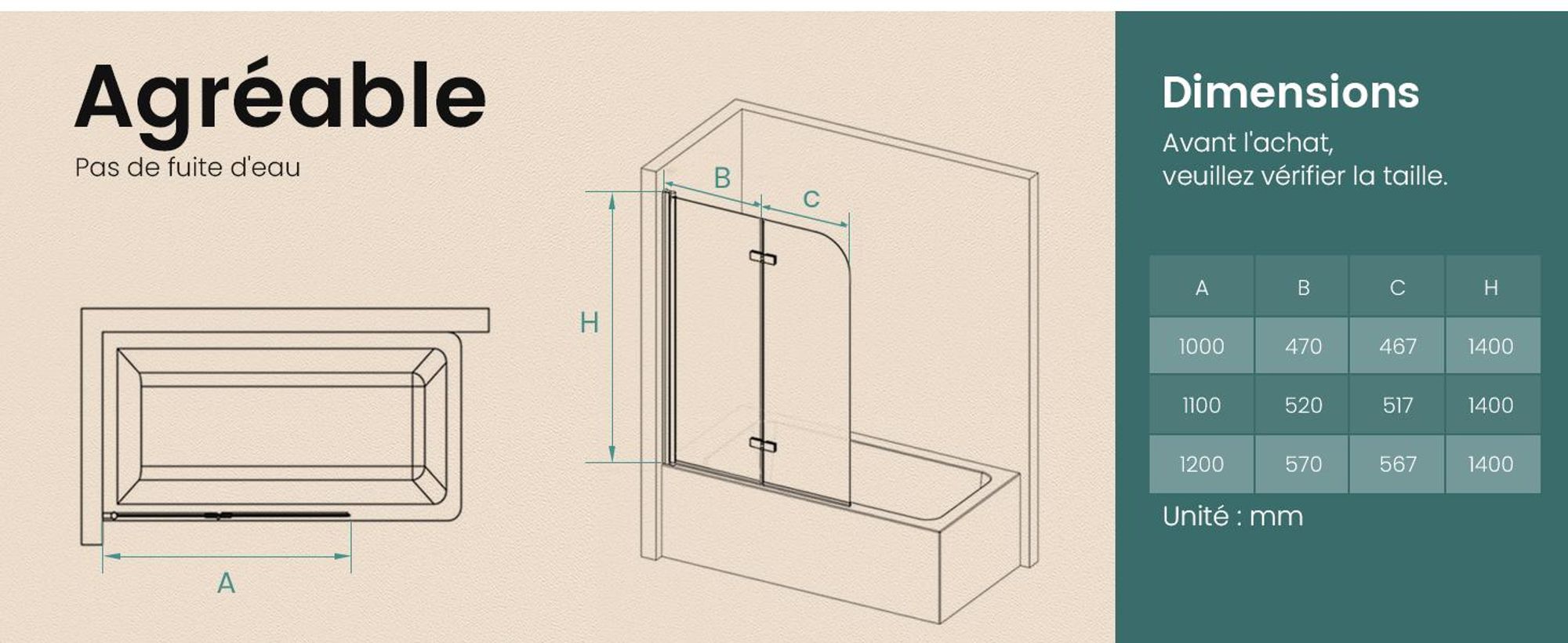 EMKE Paroi de douche pliante 100 x 140cm nano-revêtement ESG verre de sécurité double porte pliante paroi de douche en verre pour baignoires