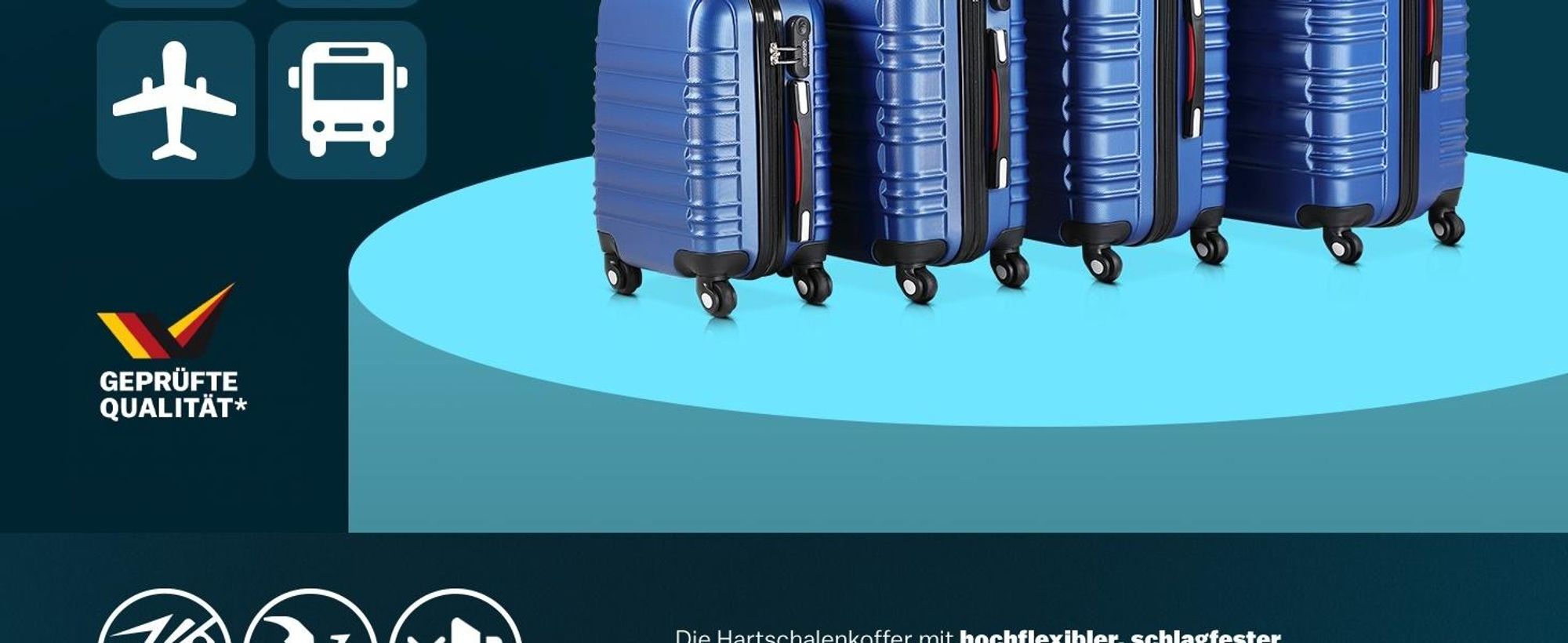 MONZANA® Kofferset 4tlg Hartschalen Koffer S-M-L-XL Gel-Griffe 4 Rollen ABS Hardcase Schloss Füße Trolley Rollkoffer Reisekoffer Set Navy