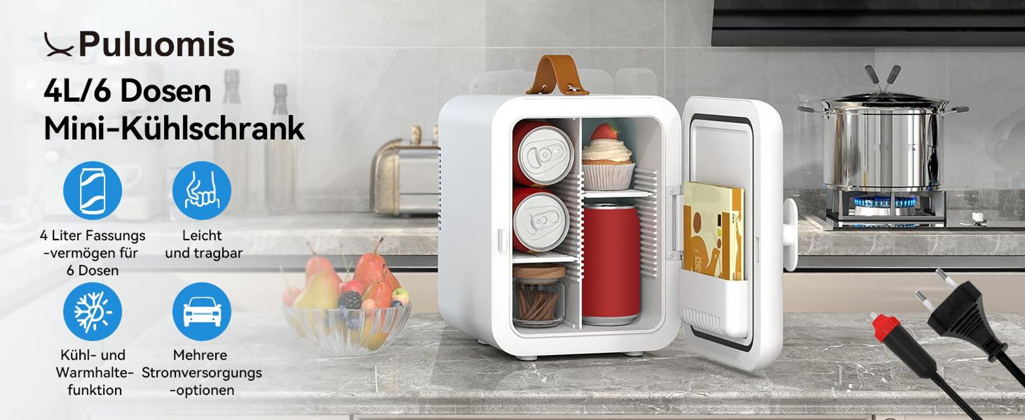 Puluomis Mini Kühlschrank 4L mit Kühl- und Wärmefunktion, 5°C bis 60°C, 220-240V/12V, ≤38dB leise Kühlbox Warmbox tragbar für Kosmetik, Getränke, Auto