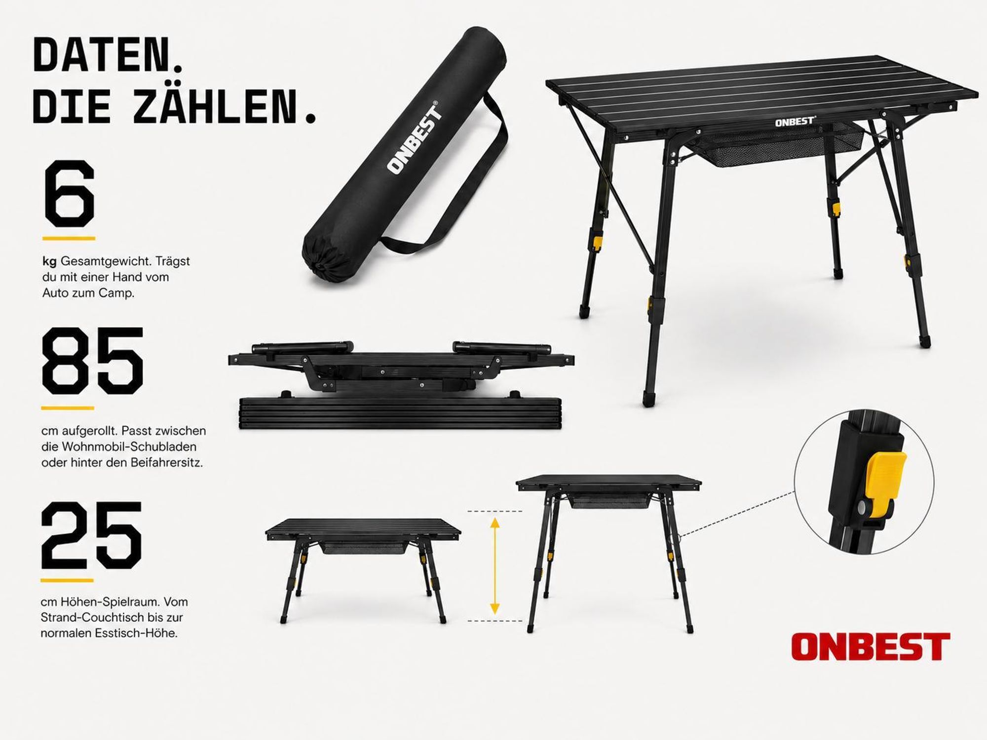 ONBEST Klapptisch | Schwarz | mit Netztasche | Wäscheklammer | Wäscheleine | Tragetasche | Höhenverstellbar | Aufrollbar