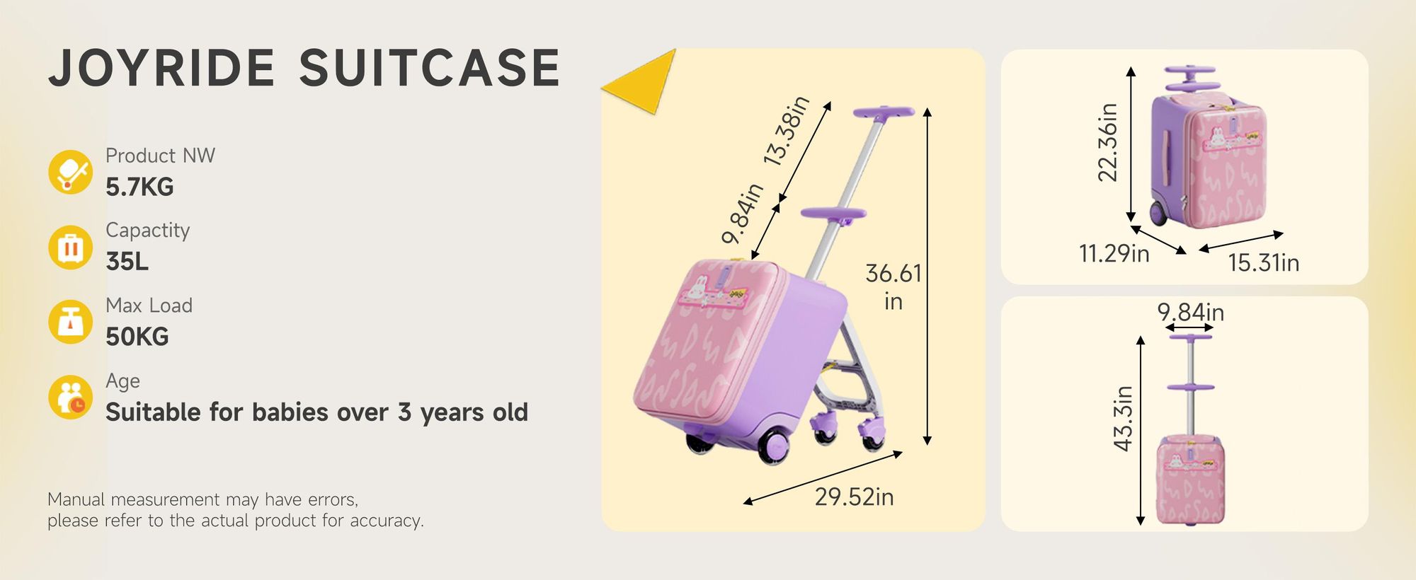 Jovikids Kinderkoffer Drei-in-eins Kinderkoffer, auf dem man reiten kann Kinderwagen 38L Hochbelastbarer Trolley für Kinder ab 3 Jahren (Rosa)