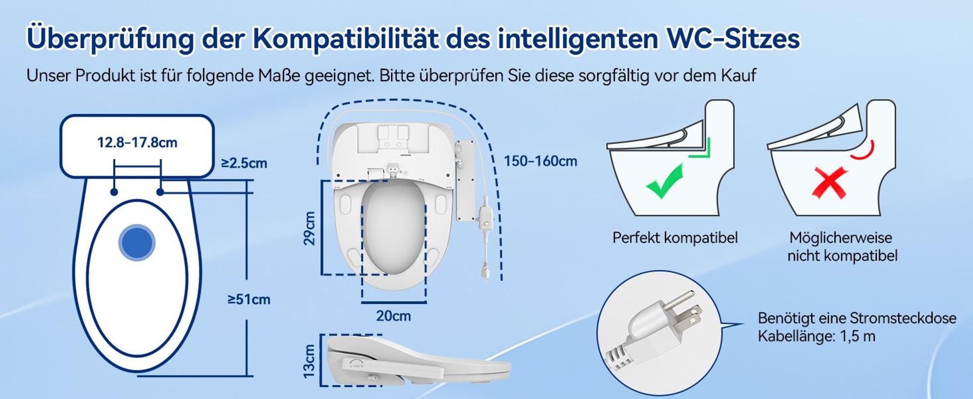 Puluomis Intelligenter Toilettensitz mit Warmwasser, Warmluft, Heizsitz, Duschfunktion, Trocknung, 4-Temperaturstufen, LCD-Display, Nachtlicht lang