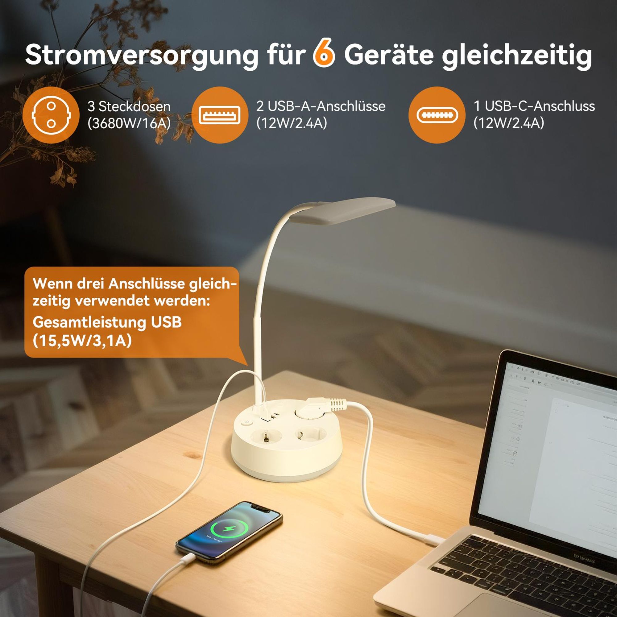 Aigostar Schreibtischlampe mit Stecker und Steckdosen, USB- und Typ-C-Ausgang, Touch-Tischlampe, 3 Farben&Stufenloses Dimmen, Weiß