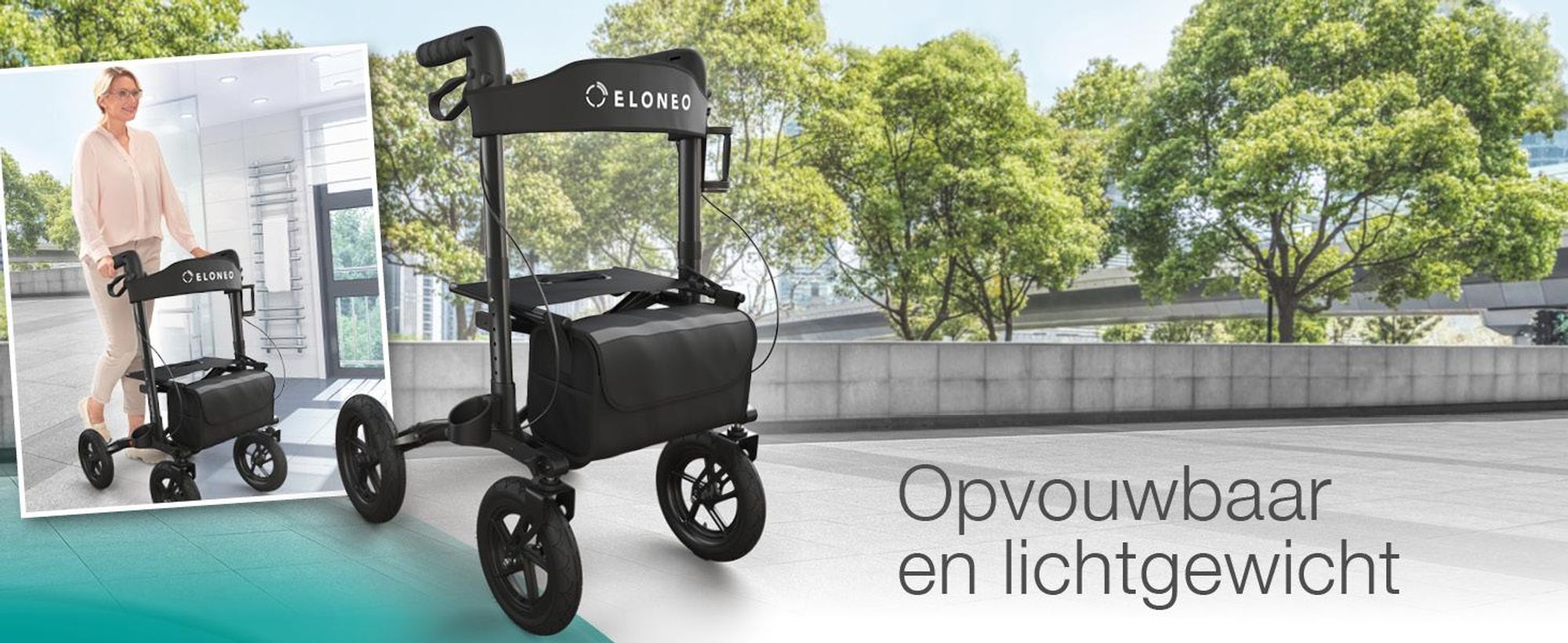 ELONEO inklapbare rollator met zitplaats, outdoor rollator met luchtbanden, inclusief zitvlak, rugsteun en verstelbare loopsteun van aluminium