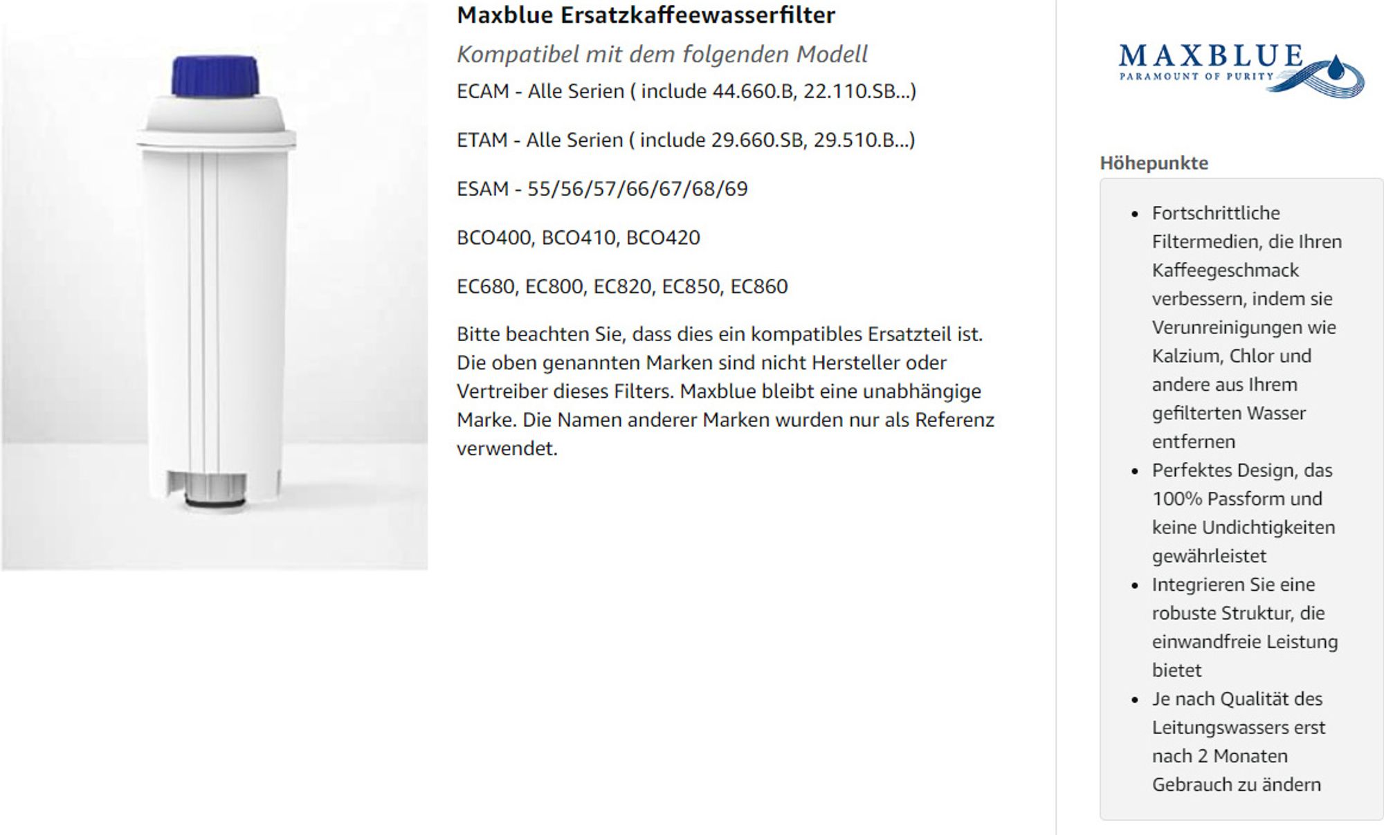 Maxblue Vodní filtr do kávy, náhradní pro De'Longhi® DLSC002 9310926 SER3017 5513292811 včetně různých modelů ECAM, ESAM, ETAM, (4)