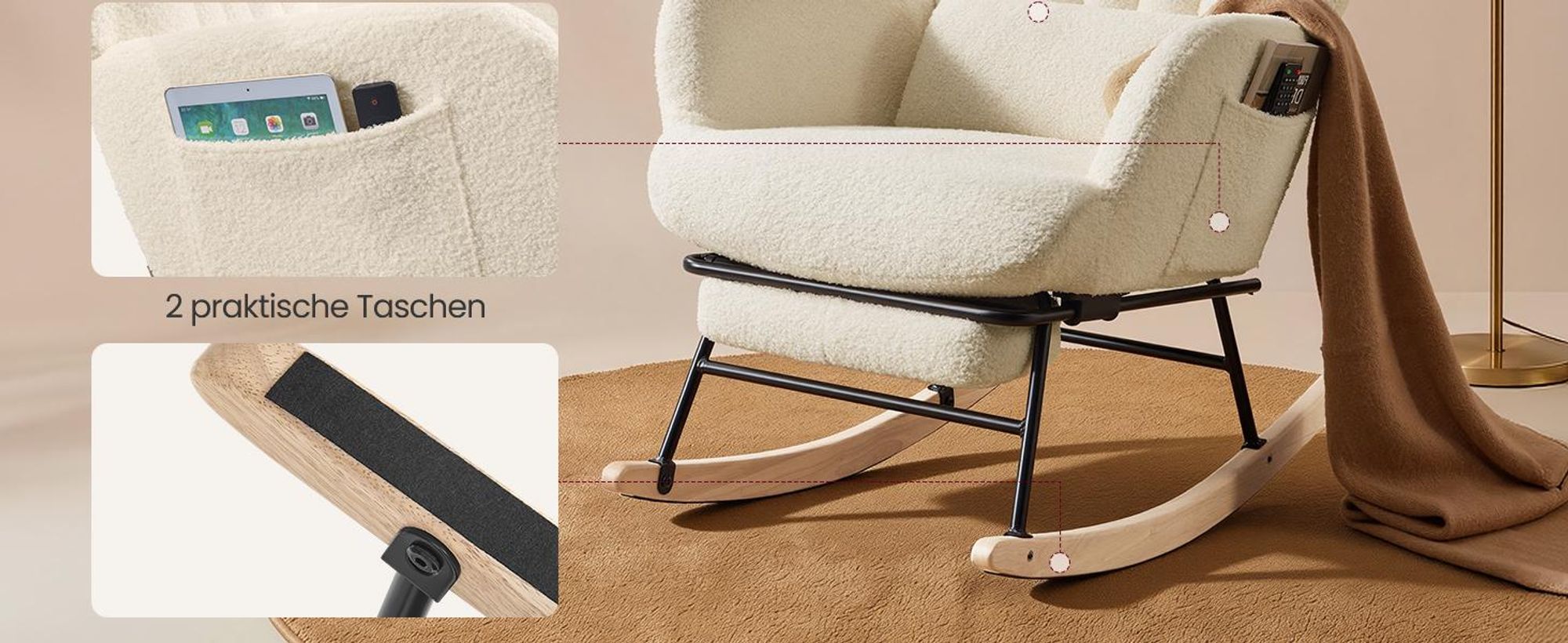SONGMICS Schaukelstuhl mit ausziehbarer Fußstütze, Schaukelsessel, Holzbeine, Kissen, für Wohnzimmer, Fleece, creme