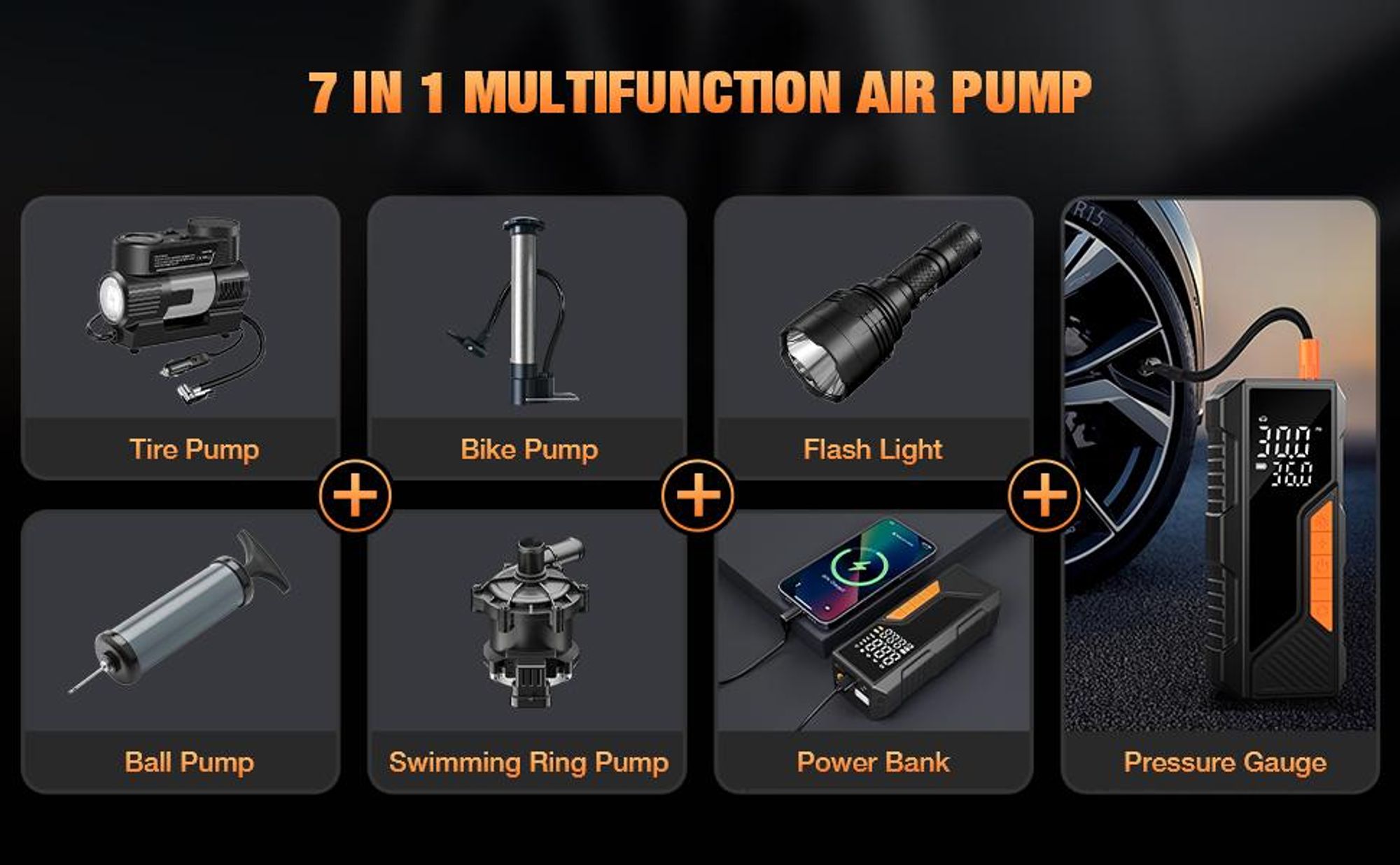 Elektrische Luftpumpe, 6000mAh Tragbare Elektrische Pumpe, Luftkompressor mit Powerbank und LED-Taschenlampe, für Autos, Fahrräder, Motorrad, Bälle