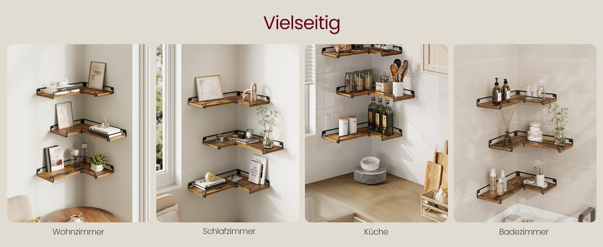 VASAGLE L-förmiges Eckregal, 3er Set, Wandregal, Industrie-Design, für Wohnzimmer, Schlafzimmer, Küche, vintagebraun
