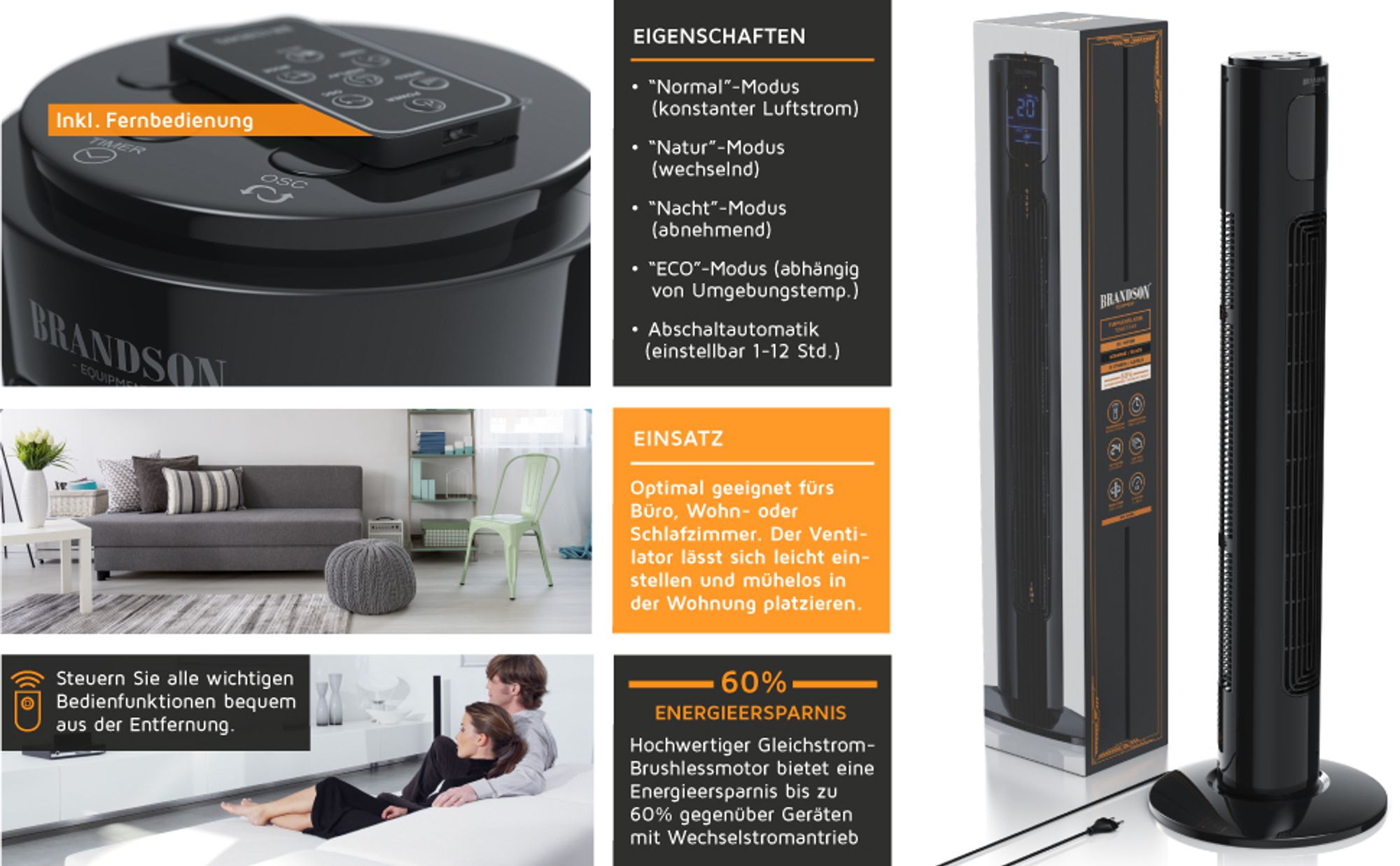 Hochglänzender DC-Turmventilator in Schwarz mit Fernbedienung, Verpackung und Wohnraumanwendung