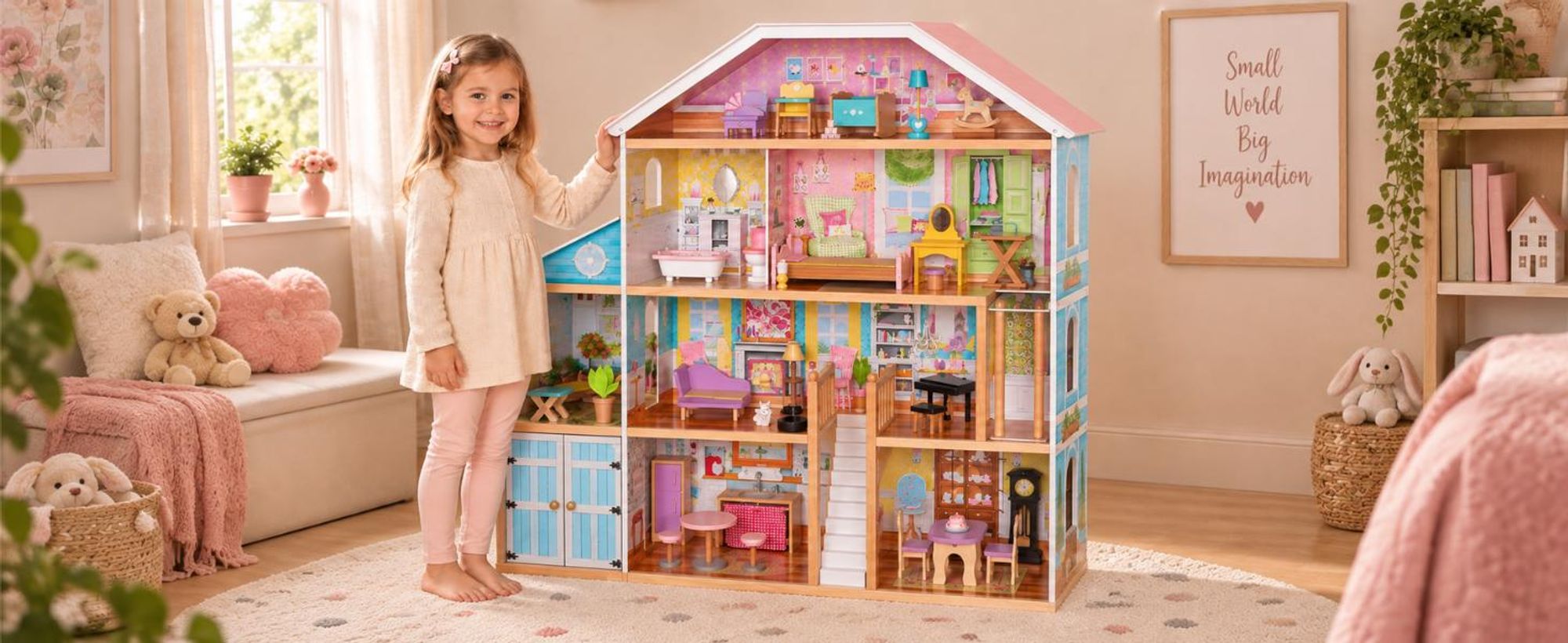 Rijoka Maison de poupées en bois Maison de maître Villa XXL - Set de meubles inclus 28pcs - 4 étages - 98x32x123 cm