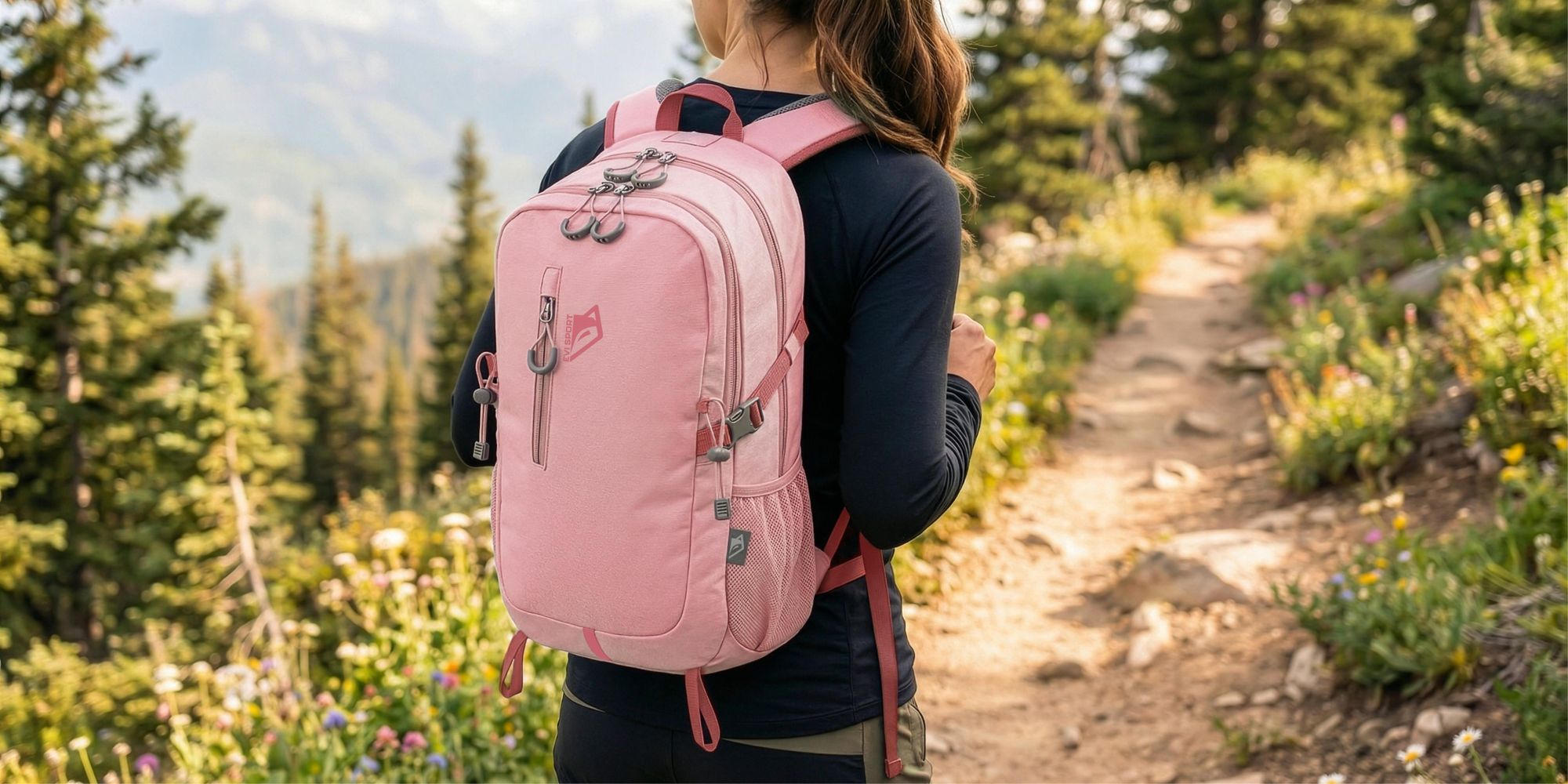 EVI SPORT TRAILPACK 25L Trekkingrucksack Wanderrucksack 25L Damen Herren Wasserdicht Regenhülle Laptopfach Trinksystem Outdoor Rosa Rose Quartz