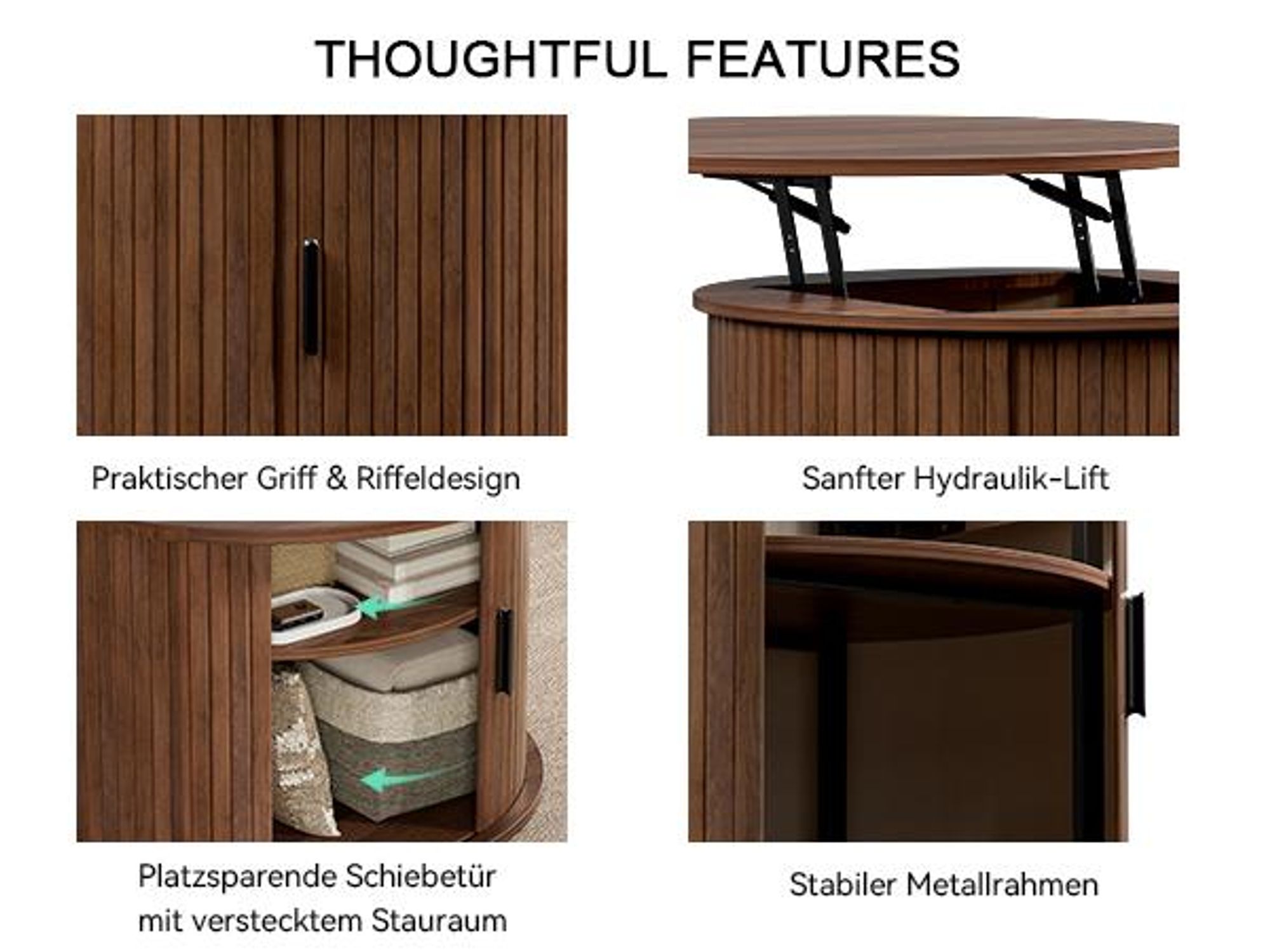 FABATO Runder Couchtisch mit Hochfahrfunktion & gewelltem Holzdekor – mit verstecktem Stauraum, offenem Regal & drehbarer Schiebetür als kleiner Essti
