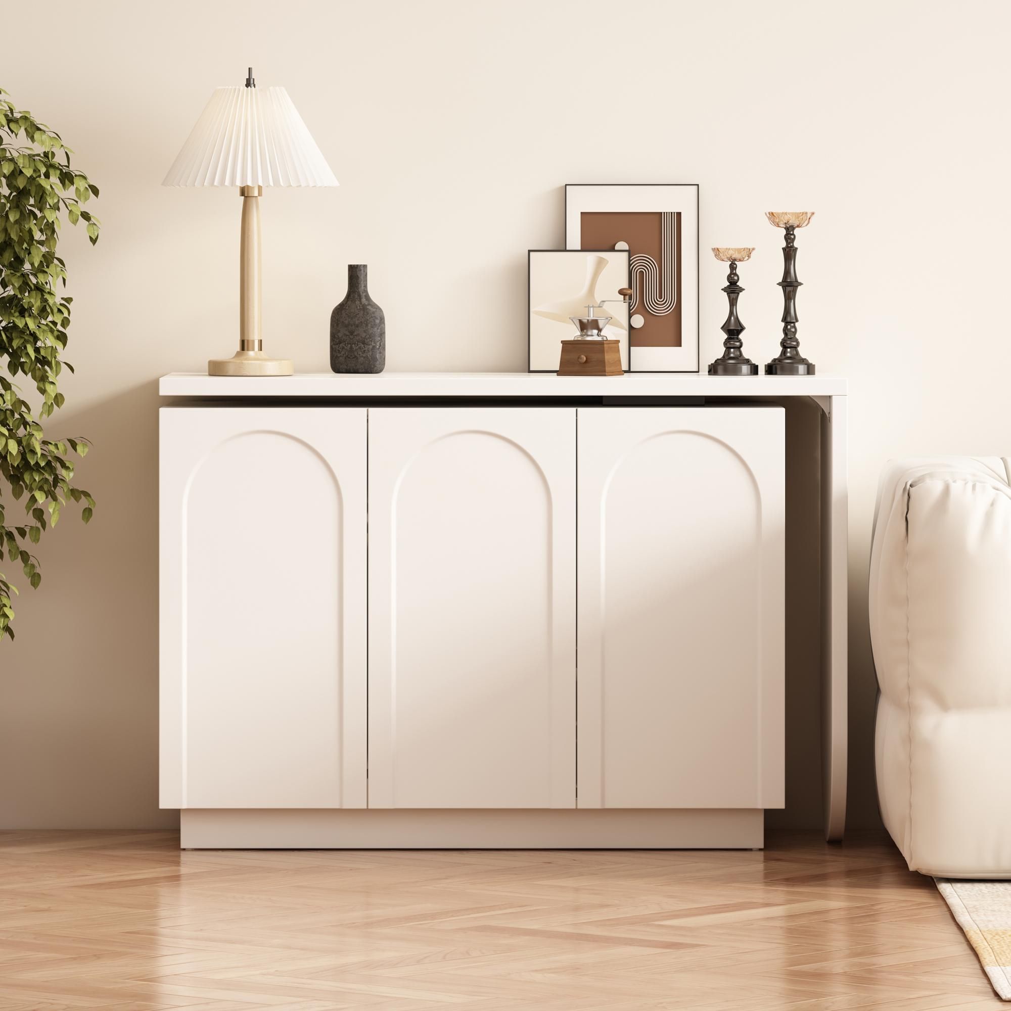 Merax Eckschreibtisch, L-förmig drehbar Arbeitstisch, Eck-Computertisch mit Drei Türen, Frisiertisch, Sideboard, 110 x 40 x 75 cm, Weiß