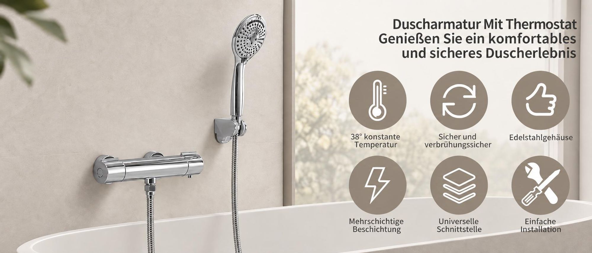 Duscharmatur mit Thermostat Chrom Mischbatterie Dusche mit 38°C Sicherheitstaste Duschthermostat Armatur Edelstahl Duscharmaturen Brausethermostat