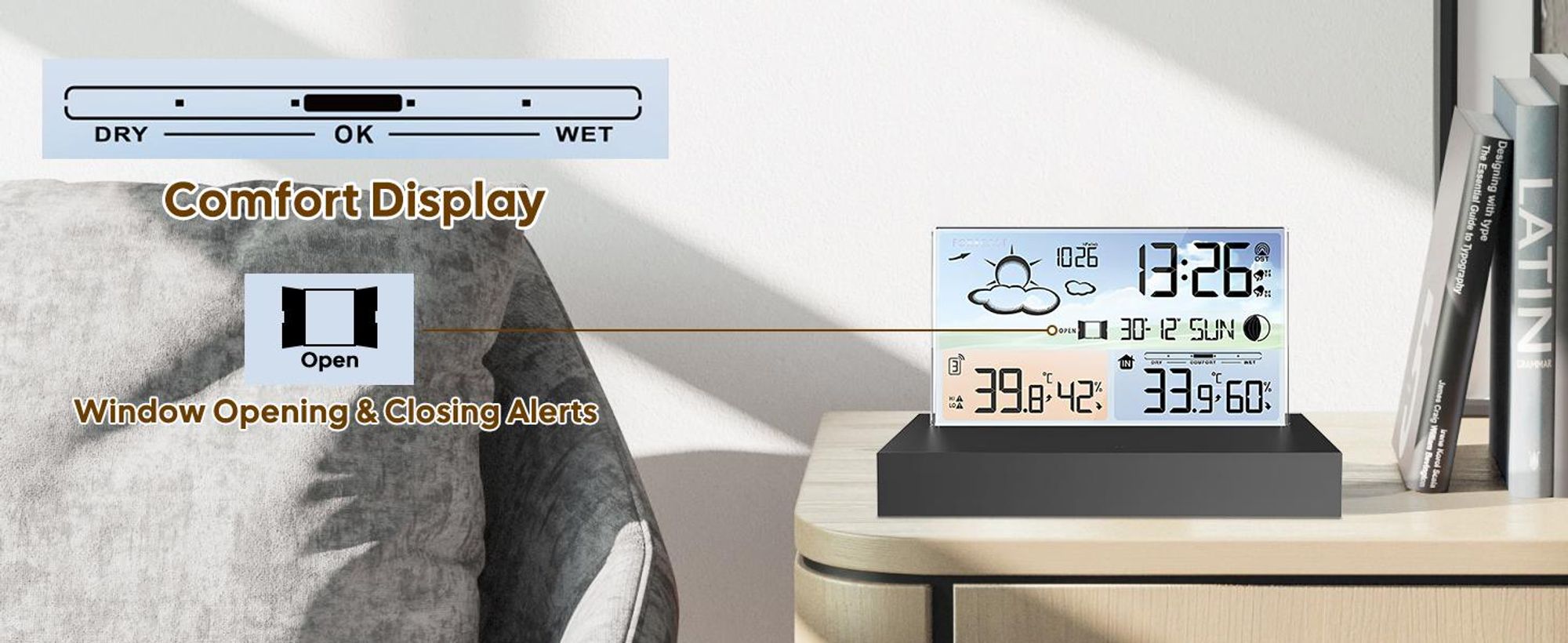 Funk Wetterstation, Funk-Wecker, Mit Farbdisplay, Thermometer Innen, Innen und Außentemperatur.