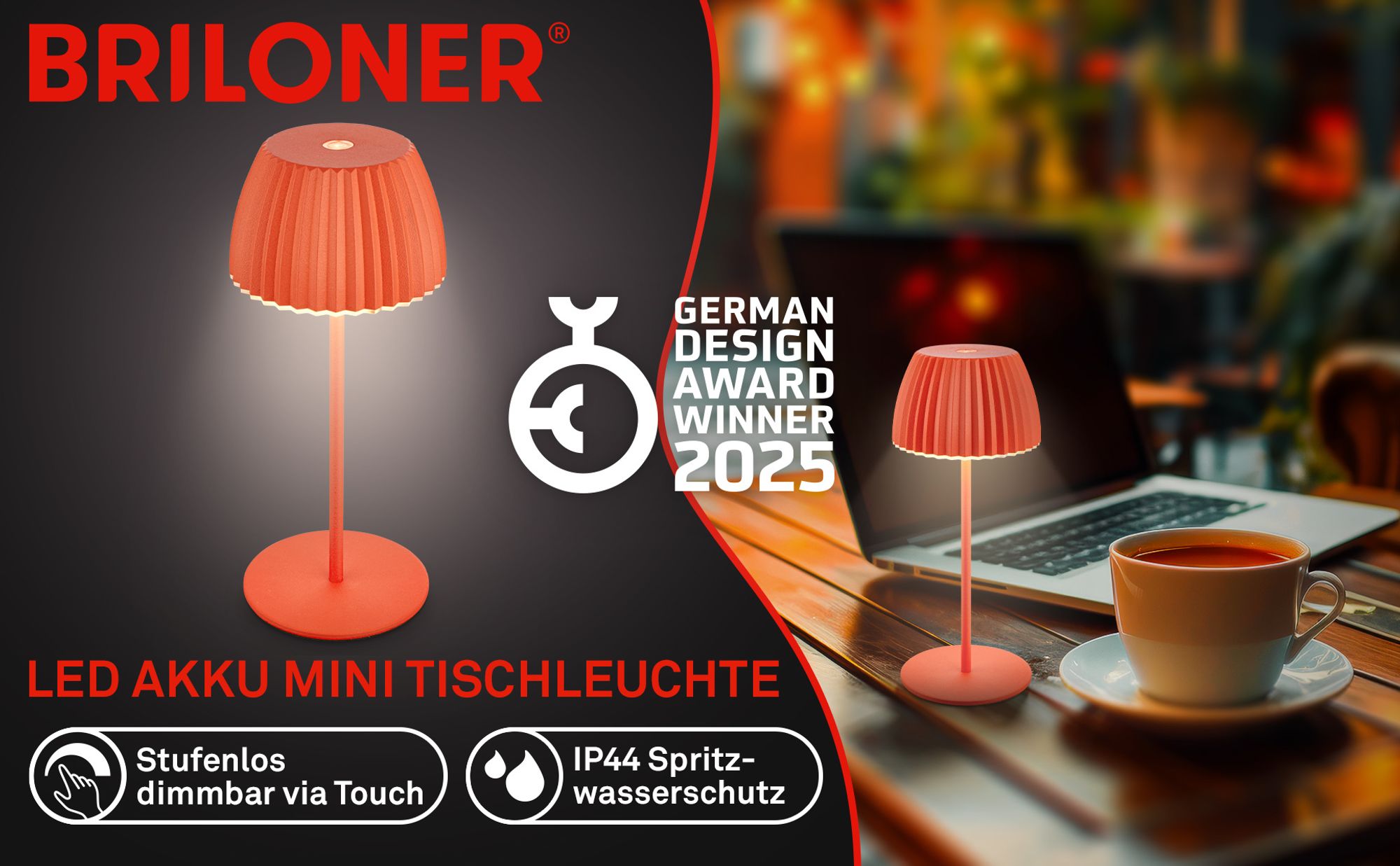 Riffle Mini LED Tischlampe Akku Tischleuchte Dimmbar Kabellos Touch IP44 Orange