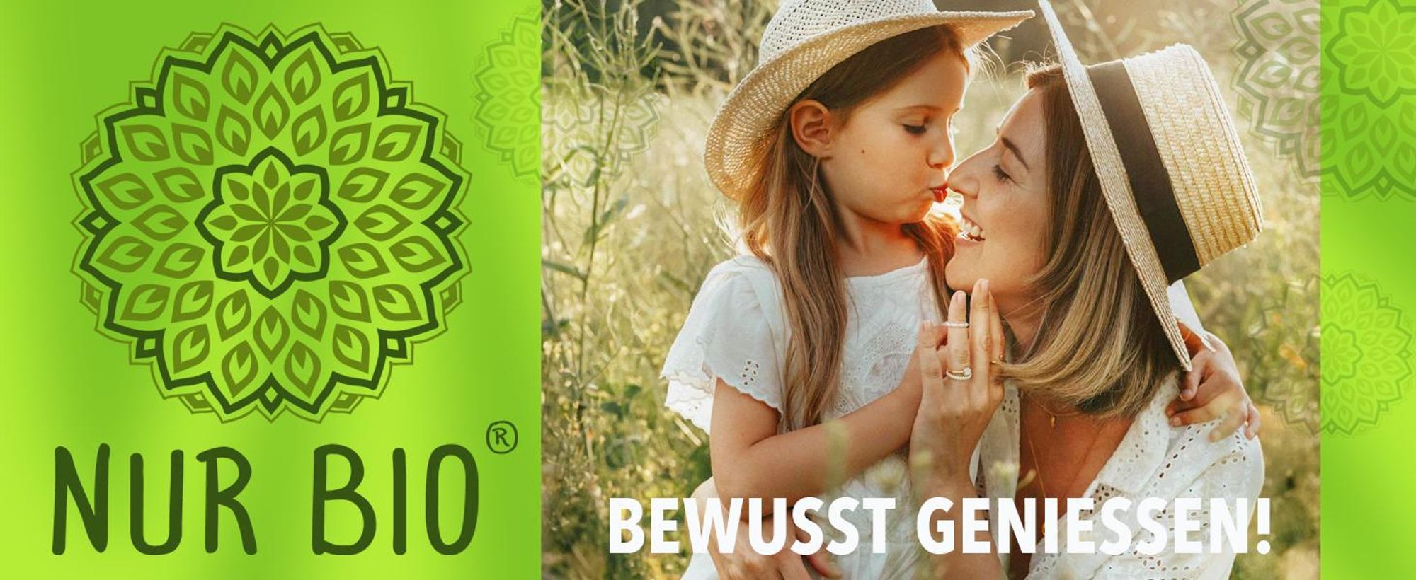 Das Bild zeigt das NUR BIO Logo daneben steht der Satz BEWUSST GENIESSEN
