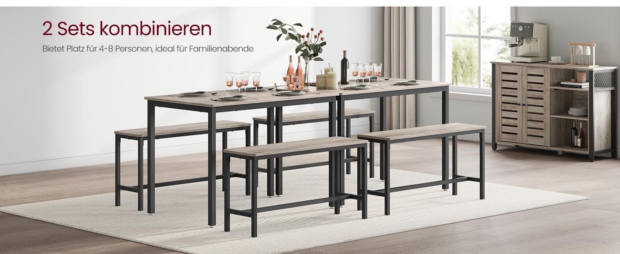VASAGLE Esstisch, Küchentisch-Set mit 2 Bänken, 3er-Set, 110 x 70 x 75 cm, Greige meliert-Tintenschwarz