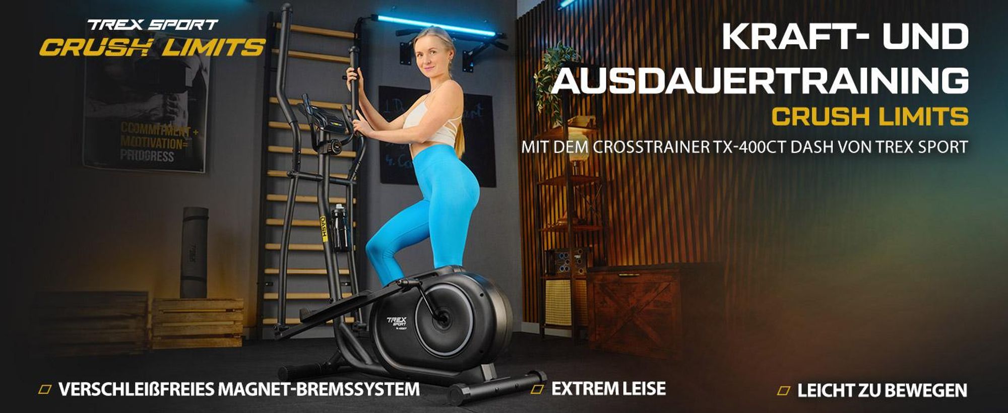 TREX SPORT Crosstrainer für zuhause TX-400CT DASH | Ellipsentrainer 10-stufiger Widerstand, Pulssensoren, Display, Tablet-Halterung | leise, bis 120kg