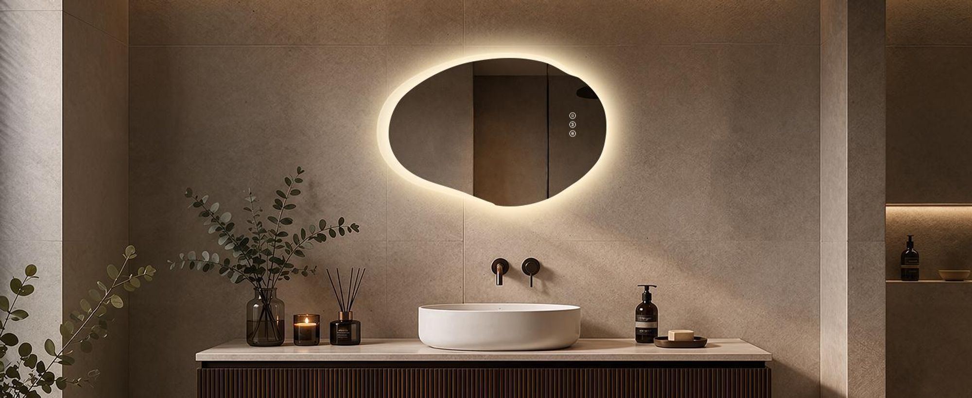 S'AFIELINA Badspiegel mit Beleuchtung 55 × 85 cm, rahmenlos, asymmetrisch,3 Lichtfarben, dimmbar, Antibeschlag und Memory-Funktion